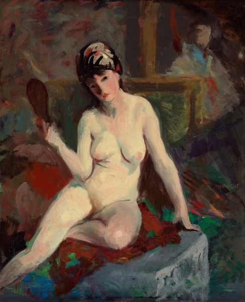 This painting shows a woman sitting on a blue cushion with one leg bent and the other stretched out. She has dark hair styled in an updo and adorned with a hat or patterned headscarf that features small orange dots. Her facial features are blurred, slowing only dark eyes and a red mouth. She is nude, and her skin is cream-colored, with light pink areas on her face, neck, and chest. Her left hand is on the cushion beside her, while her right hand holds a small oval object up to her face. The background behind her is filled with abstract shapes in shades of blue, brown, gray and green, with hints of dark yellow and bright red. The brushstrokes in the painting are thick and visible, giving the scene a blurred appearance.