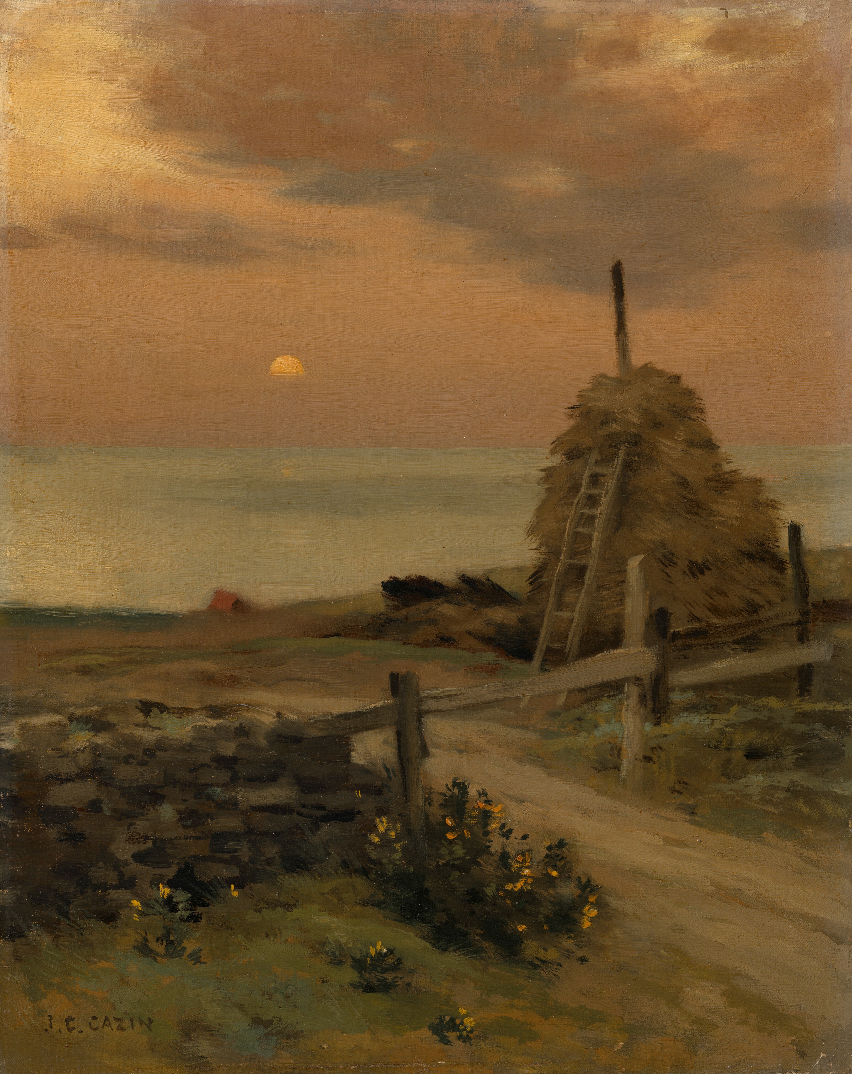 The painting depicts a sunset or sunrise over a landscape. The sun is partially visible on the horizon, casting a warm glow on the sky. The horizon is slightly above the center with softly painted clouds. Brushstrokes suggest a rustic style, especially in the clouds and haystack. The color palette is dominated by warm tones and muted greens. A dirt path, stone wall, wooden fence, hay stack, and a small red structure in the distance are also visible.