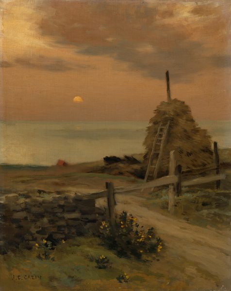 The painting depicts a sunset or sunrise over a landscape. The sun is partially visible on the horizon, casting a warm glow on the sky. The horizon is slightly above the center with softly painted clouds. Brushstrokes suggest a rustic style, especially in the clouds and haystack. The color palette is dominated by warm tones and muted greens. A dirt path, stone wall, wooden fence, hay stack, and a small red structure in the distance are also visible.