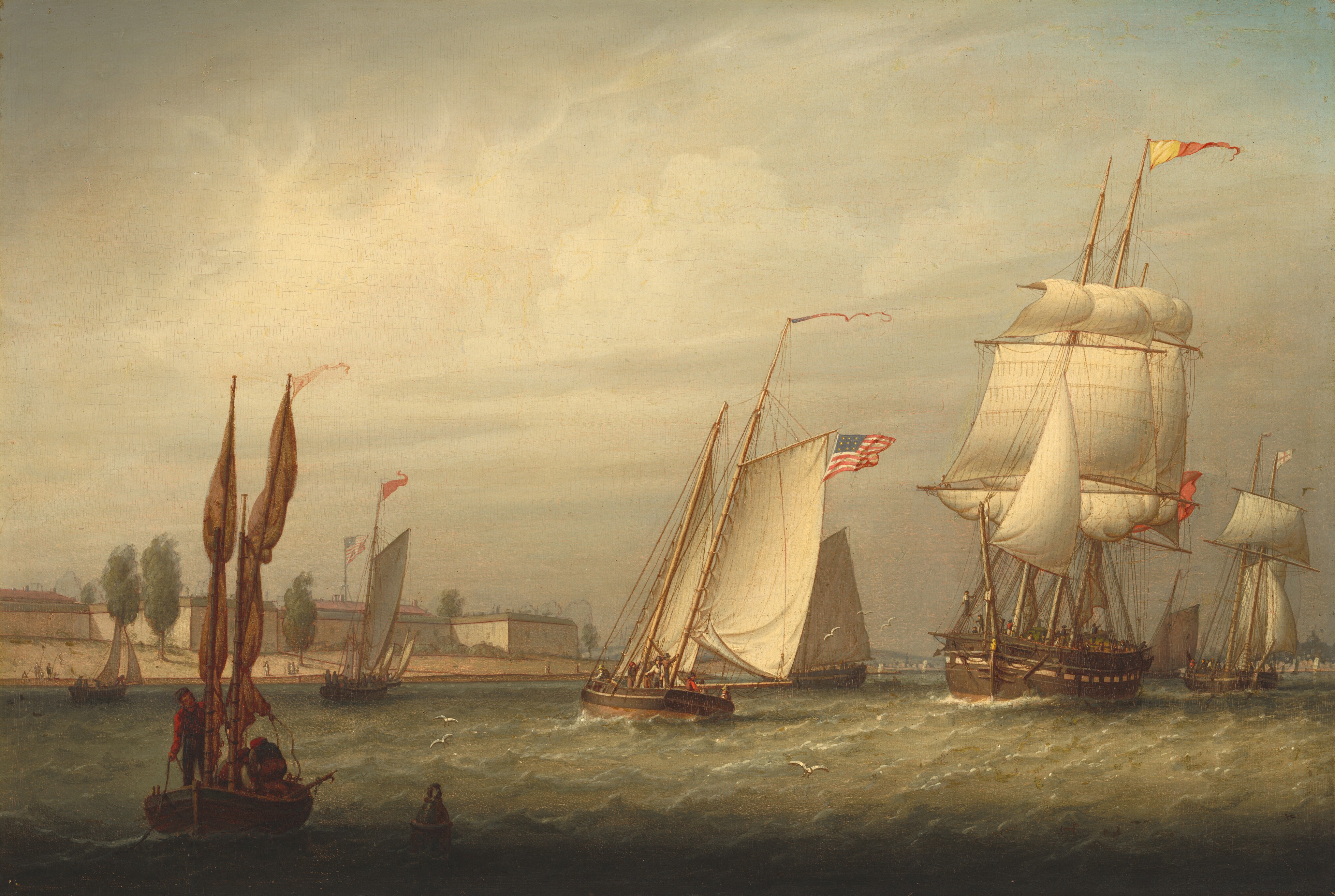 This painting shows a seascape with sailboats and ships on the water. On the left is a small boat with its sails tied and several people aboard. A larger ship with unfurled sails and an American flag is in the center. On the right is the tallest sailing ship, with billowing white sails and a red-and-white flag atop its masts. There are more boats visible in the distance to the left and right, and they all have people faintly visible on their decks. The horizon is low against the sky, revealing a distant shoreline with buildings and trees on the left. The color palette is warm and muted, with soft browns, creams, and grays dominating the scene. The ocean below is a gray-green color with small waves, and the sky above is cloudy and gray.