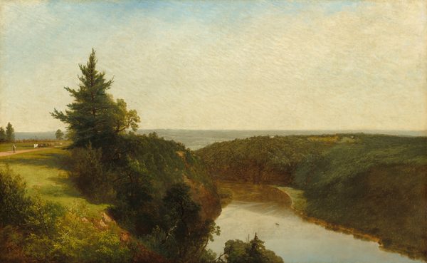 This painting shows a landscape with a wide river on the right flowing through green hills. There is a path on top of a green hill on the left, showing a small person in the distance facing away from us, walking behind a group of brown and white cattle. Tall, dark green trees separate the path from the slope down to the river. The sky is vast and pale blue, covered in white clouds. The painting has smooth brushstrokes and a color palette of primarily greens, browns, blues, and yellows.