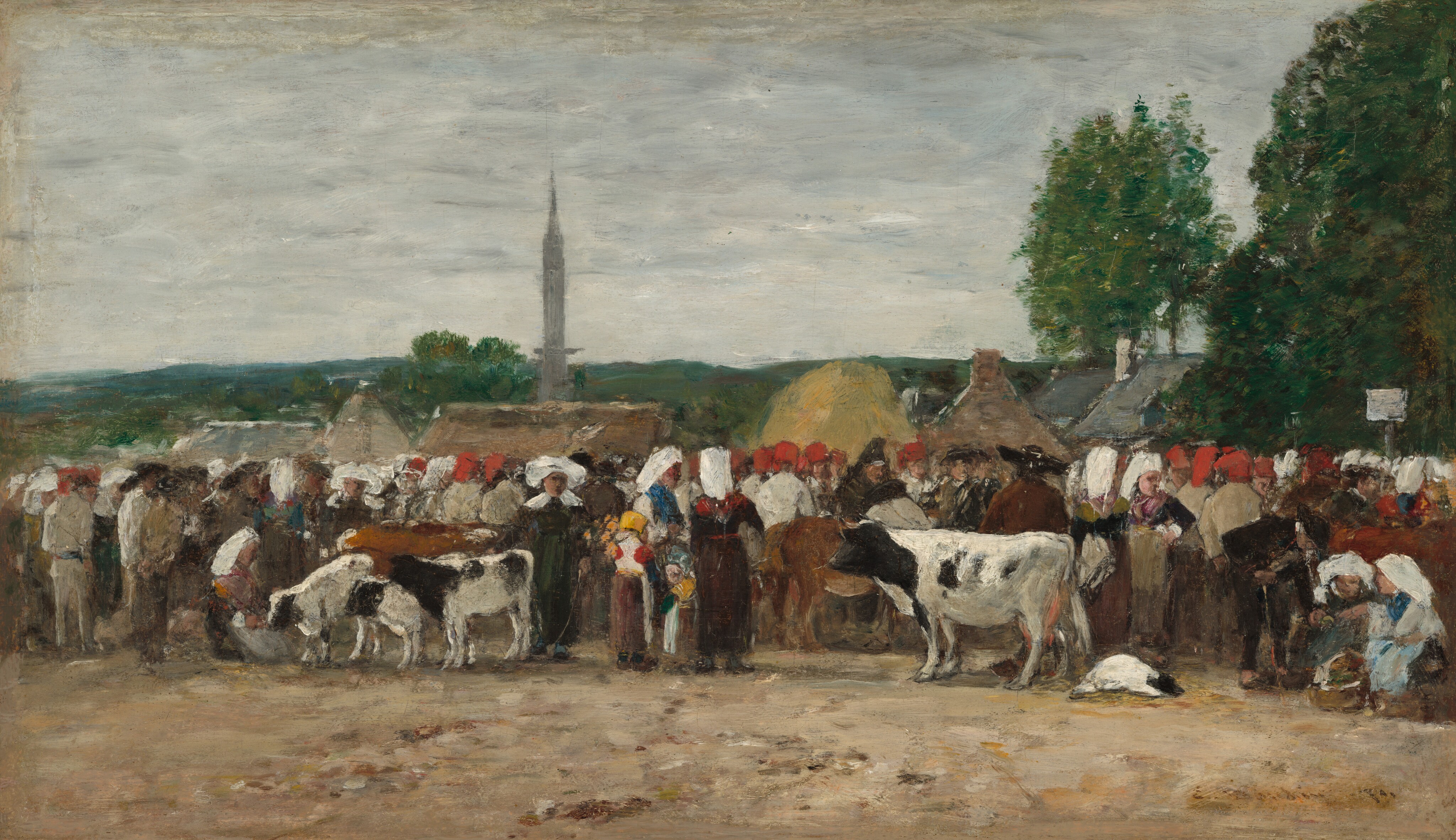 This painting shows a busy marketplace scene at eye level with a crowd of people and cattle. Hills are in the distance under a cloudy gray sky, and in front of them we can see a line of rooftops and a tall church spire. In front of these buildings are the people and cattle. The people are indistinct, but many of them seem to wear white or red head coverings and clothes in earthy tones. The brushstrokes in the painting are thick and visible, giving the scene a blurred appearance.