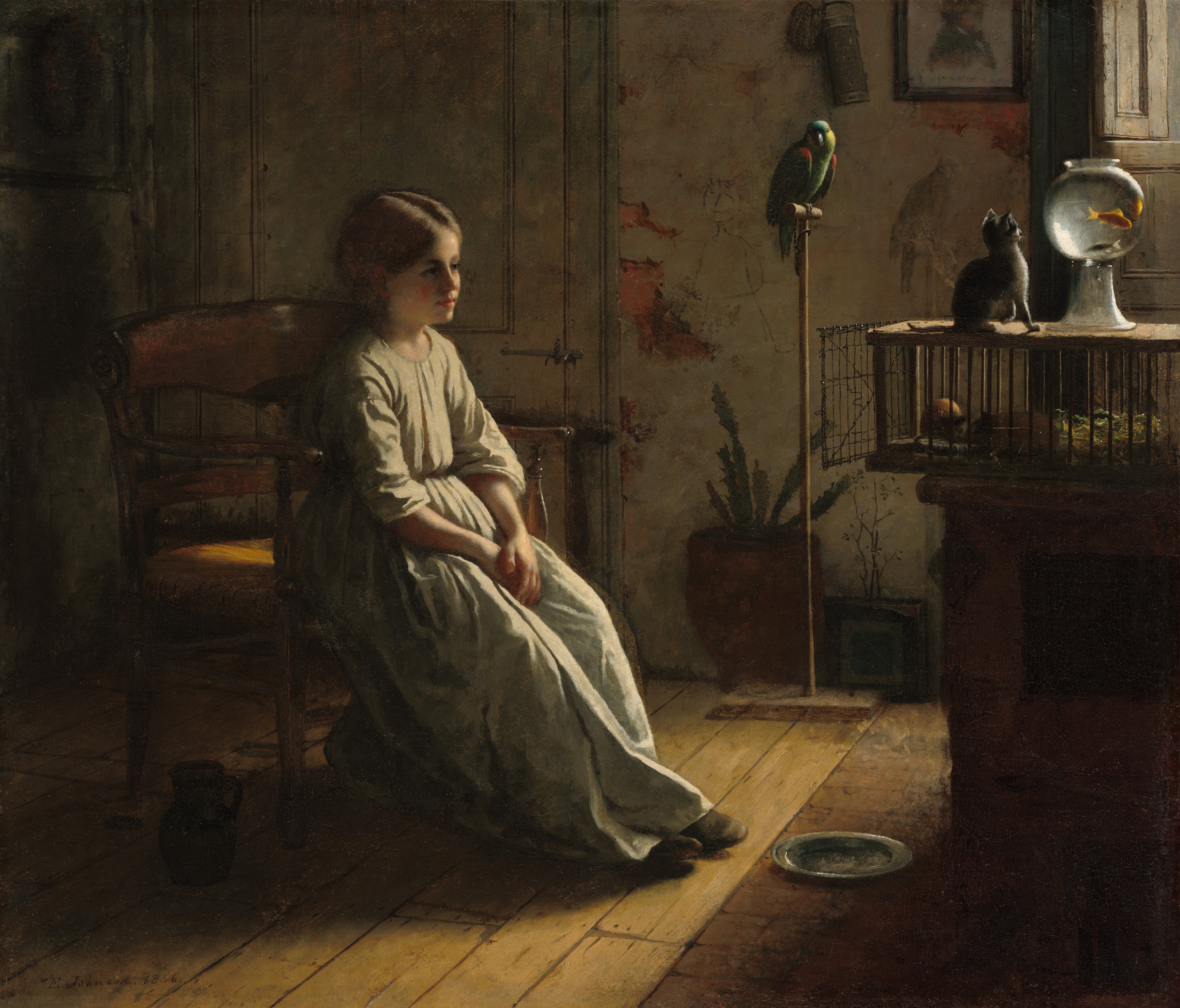 This painting shows a young girl sitting in a wooden chair, facing the right. She has pale skin, rosy cheeks, a slightly upturned nose, and long, brown hair put up behind her head. She is wearing a pale green dress and black shoes. To the right are several animals. On top of a table or counter is a small cage with two hamsters or gerbils with reddish-brown fur, surrounded by yellow straw and green grass. On top of their cage is a clear fishbowl on a tall glass stand, with a large goldfish and a smaller gray fish swimming in it. A small gray kitten sits on the cage, watching the fish, ears perked up and one paw slightly raised. Behind this counter and slightly to the left is a tall wooden stand with a bright green bird perched on it, surrounded by some potted plants. The bird has a blue head and small patches of red feathers on the tops of its wings. The girl is sitting on the edge of the wooden chair, watching the animals, a small silver plate and pitcher on the wooden floor by her feet. The wall and door behind her are light gray, and in some places, plaster appears have fallen off the wall, exposing a red surface underneath. Framed pictures hang on the wall, and on the right side we can see the edge of a window that casts pale light on the rest of the scene.