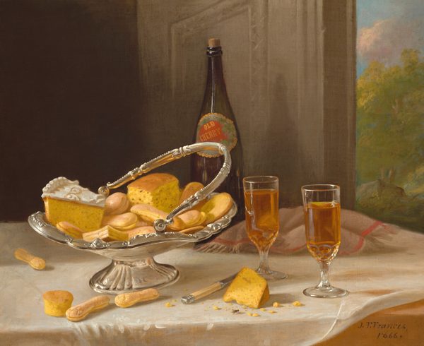 In this painting, there is a tall, dark glass bottle labeled "Old Cherry" behind a decorative silver basket filled with various confections, including a slice of yellow cake with white frosting and several yellow biscuits or cookies, all arranged on a table. Positioned beside the bottle are two clear glasses filled with an amber liquid, with a silver knife and several pieces of yellow pastries scattered on the white tablecloth below the silver tray. In the background, a glimpse of greenery through a window is visible on the far right, with a white wall visible behind bottle in the center of the image, and the left side in shadow.