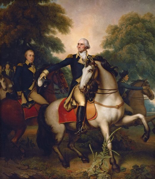 A man wearing a military uniform and riding a horse gestures in front of a small band of soldiers in this vertical painting. All the men have pale skin and wear navy-blue and flax-yellow uniforms. The central man, George Washington, and the cream-white horse he rides take up most of the composition. The horse has a glossy black mane and tail, and black hooves. The horse stands with its body facing our right in profile, one front leg lifted, but it turns its head to look off to our left with clear brown eyes. There is a scarlet-red blanket under the fawn-brown saddle. Washington also turns his head to our left to look up and off in that direction. He has a high forehead, a beaked nose, and his thin pink lips are pressed in a line. He has ruddy cheeks, a dimpled chin, and jowls along his jawline. His white hair is streaked with gray, and it sweeps back from his high forehead and bushes out over each ear. His blue jacket has gold epaulets, a high yellow collar around a white neckerchief, and gold-colored buttons down the front. The uniform also has yellow lapels, cuffs, and knee-high britches. The toe of his knee-high black boots pushes against the horse’s stirrup. Washington holds his right arm, to our left, out and points down with a gloved hand, which also holds a black, tricorn hat. The nearest man, just behind Washington to our left, rides a chestnut-brown horse. He is cleanshaven with blond hair, and looks at Washington, one hand tucked behind his lower back, where his hat rests on the horse’s rump. Several more men ride together under a grove of trees to our left, and the final rider lurches forward on a horse whose two front legs are raised midstride, to our right of Washington. The dirt ground beneath has some scrubby grass and a few plants. Tall, leafy green trees stretch to the sky to either side of the painting. The artist signed the painting in the lower left corner, on a rock. It reads, “Remt. Peale.”