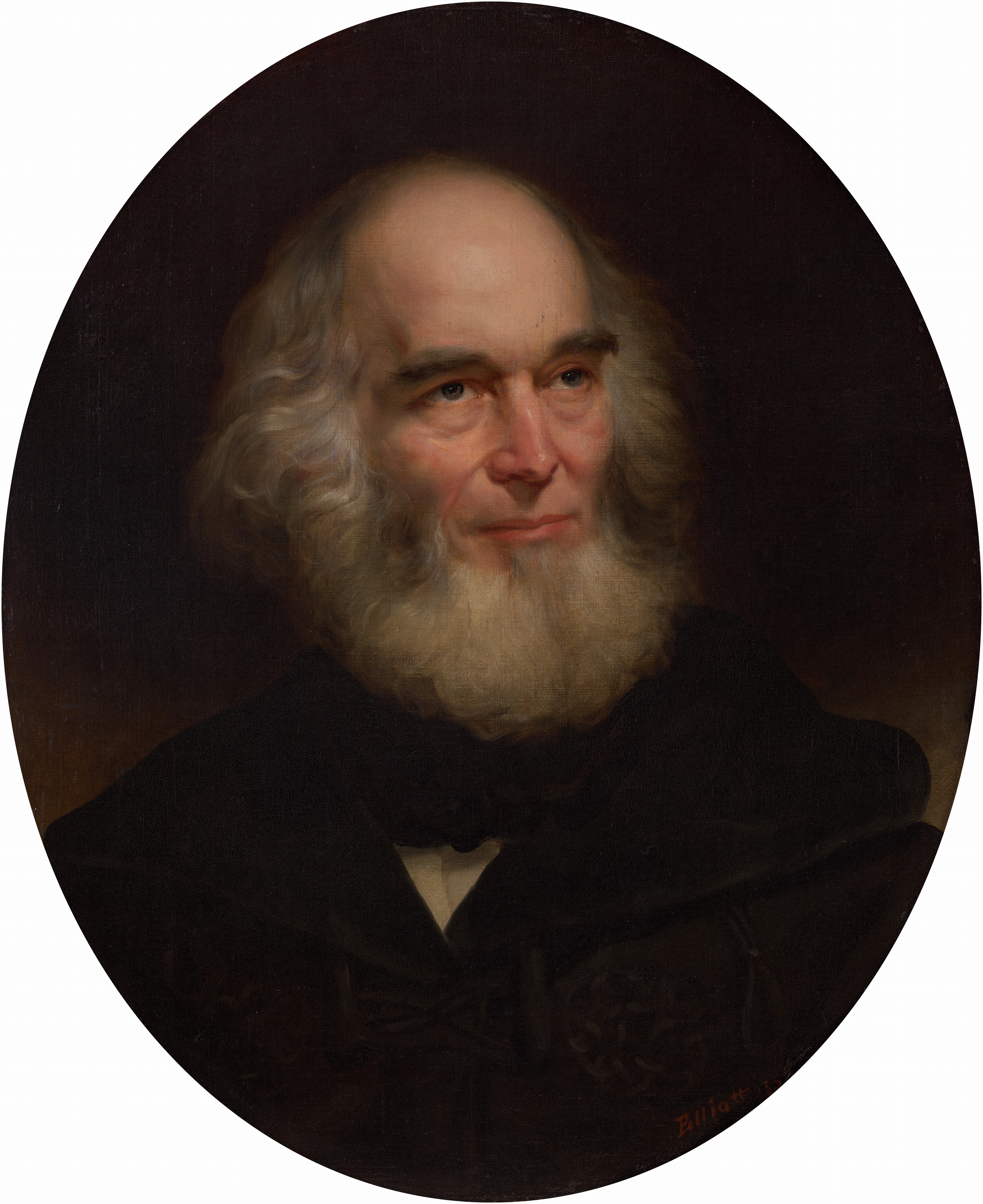 The image shows a portrait of an older man. He has a high forehead with a bald top, framed by thick, wavy gray hair that extends into a full, bushy beard. His facial expression is neutral with a hint of a smile, and he has deep-set eyes. He is wearing a dark garment that appears plush and formal, possibly a robe or cloak, with a light shirt underneath. The background is dark and without detail, ensuring the focus remains on the man's face. He is not wearing any jewelry and is not holding any objects.