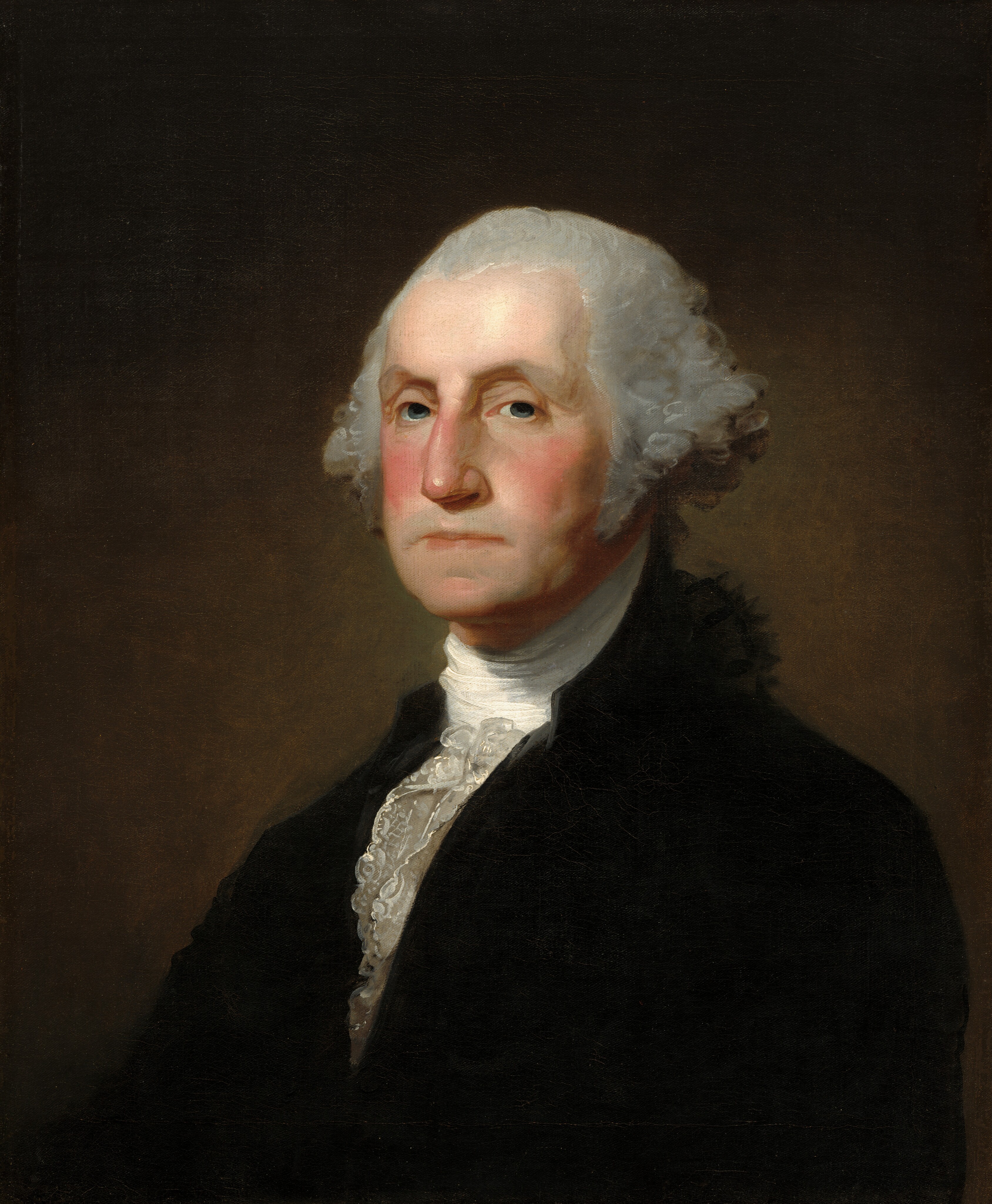 This painting is a portrait of a man from his chest up. He is positioned slightly angled to the left and looks directly at us. His skin is pale, and he has rosy cheeks, deep-set, dark eyes, a long, straight nose, and thin lips set in a neutral expression. His hair is light gray, combed back from his face and curled above his ears. He is wearing a black coat over a white, high-collared shirt and a white lace cravat. The background is dark brown.