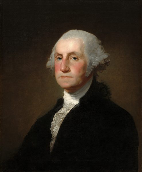 This painting is a portrait of a man from his chest up. He is positioned slightly angled to the left and looks directly at us. His skin is pale, and he has rosy cheeks, deep-set, dark eyes, a long, straight nose, and thin lips set in a neutral expression. His hair is light gray, combed back from his face and curled above his ears. He is wearing a black coat over a white, high-collared shirt and a white lace cravat. The background is dark brown.