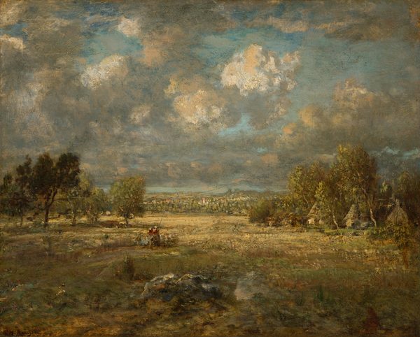 This painting depicts a landscape with an open green field stretching out into the distance. At the bottom of the painting, there is a rocky area with sparse vegetation and yellow, sun-bleached grass. Farther in the distance there are small groups of green trees, and some thatched-roof structures are partially obscured on the right. At the center of the painting there is a small area of red, suggesting a person or two walking along a brown path. Far in the distance there are small dots of white and pink, suggesting flowers or perhaps buildings. The color scheme is earthy and muted, dominated by browns, greens, and grays. The top half of the image is dominated by the sky, with textured white clouds swirling against patches of light blue.