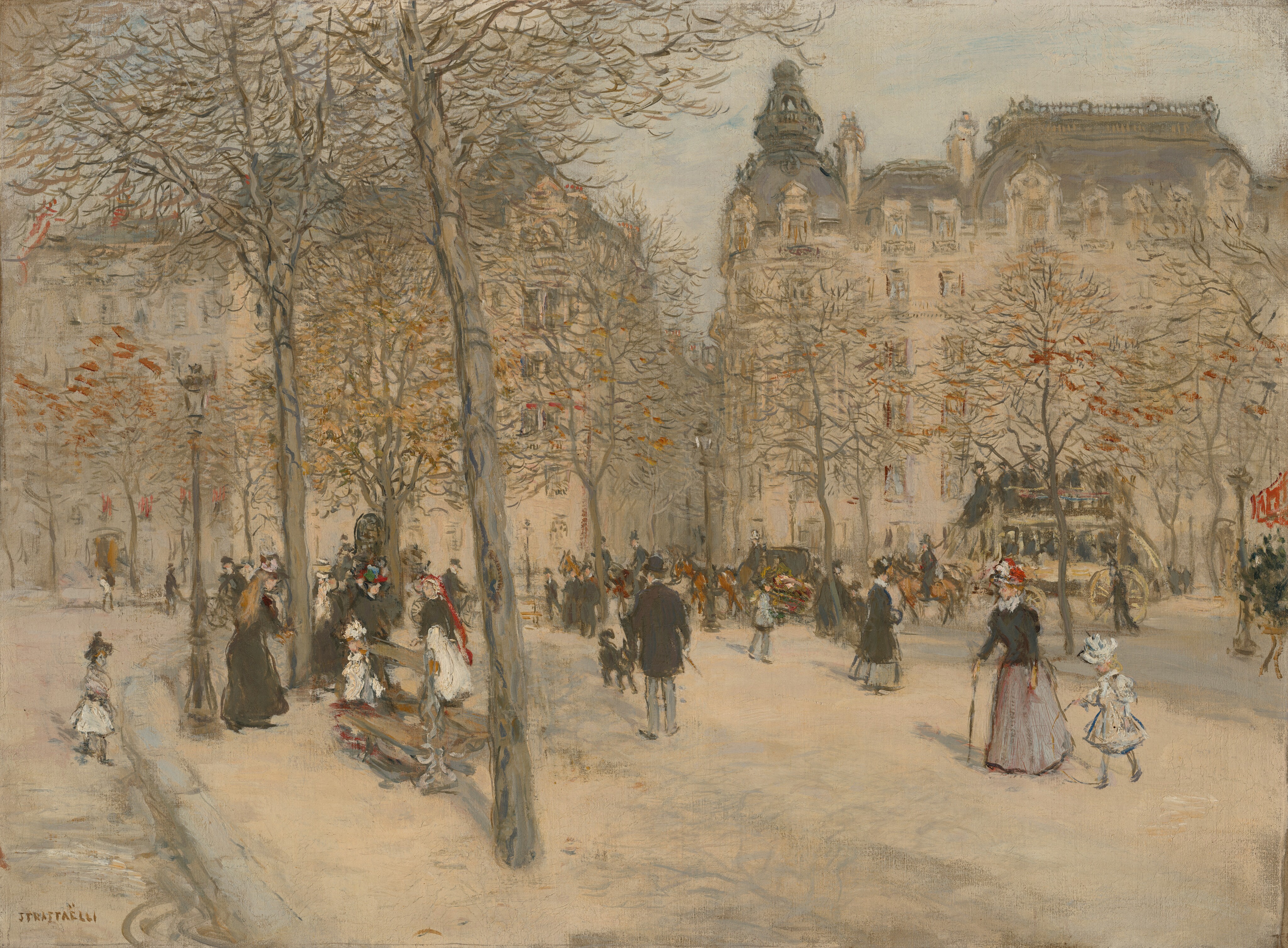 The image shows a city street with grand old buildings, tree-lined sidewalks, and people going about their day. The architecture is detailed and rises into the sky. The brushstrokes are expressive, capturing movement. The color palette is soft with muted tones and hints of red. People walk and converse close by, while a horse-drawn carriage is seen in the distance.