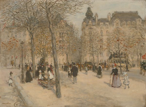 The image shows a city street with grand old buildings, tree-lined sidewalks, and people going about their day. The architecture is detailed and rises into the sky. The brushstrokes are expressive, capturing movement. The color palette is soft with muted tones and hints of red. People walk and converse close by, while a horse-drawn carriage is seen in the distance.