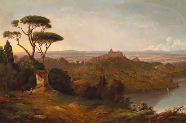 From a high vantage point, we look across hills, trees, and a body of water and into the deep distance in this horizontal landscape painting. A shed-like structure with an overhanging roof protecting an image of a woman holding a baby is near the left edge of the composition. In front of the structure, a person wearing a white head covering, red vest, white sleeves, and long blue skirt kneels on the dirt path, and a basket of flowers is near her knees. Two other people, all tiny in scale, stand nearby. One of them wears a brown cape, cassock, and hood, and the other wears a high-crowned hat, a red coat, gray pants, and holds a walking stick. Across the composition, a man sits and a woman stands, facing each other, on the far side of a boulder in the lower right quadrant of the painting. The man wears a burnt-orange jacket, slate-blue pants, a high-crowned hat, and holds a long staff. The woman has brown hair and wears a yellow dress over white sleeves and white lining across the neckline. They both have pale, peachy skin. A sailboat is reflected in the placid body of water that lies far below us, and a complex of buildings tops the hill on the opposite bank. The peanut-brown land flattens and ripples gently back to pale blue mountains lining the horizon, which comes just over halfway up this composition. White clouds pile up over the right side of the horizon, and a few thin clouds drift higher up. The upper corners of the canvas are darkened, suggesting that at one point this was displayed with an arched top. The artist signed and dated the painting as if he had written the information on the face of rocks in the lower right corner: “C.P. CRANCH 1852.”