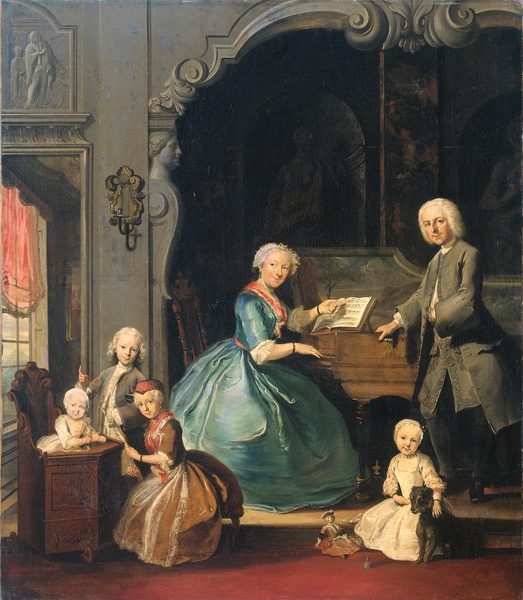 Family group at a harpsichord. by Cornelis Troost
