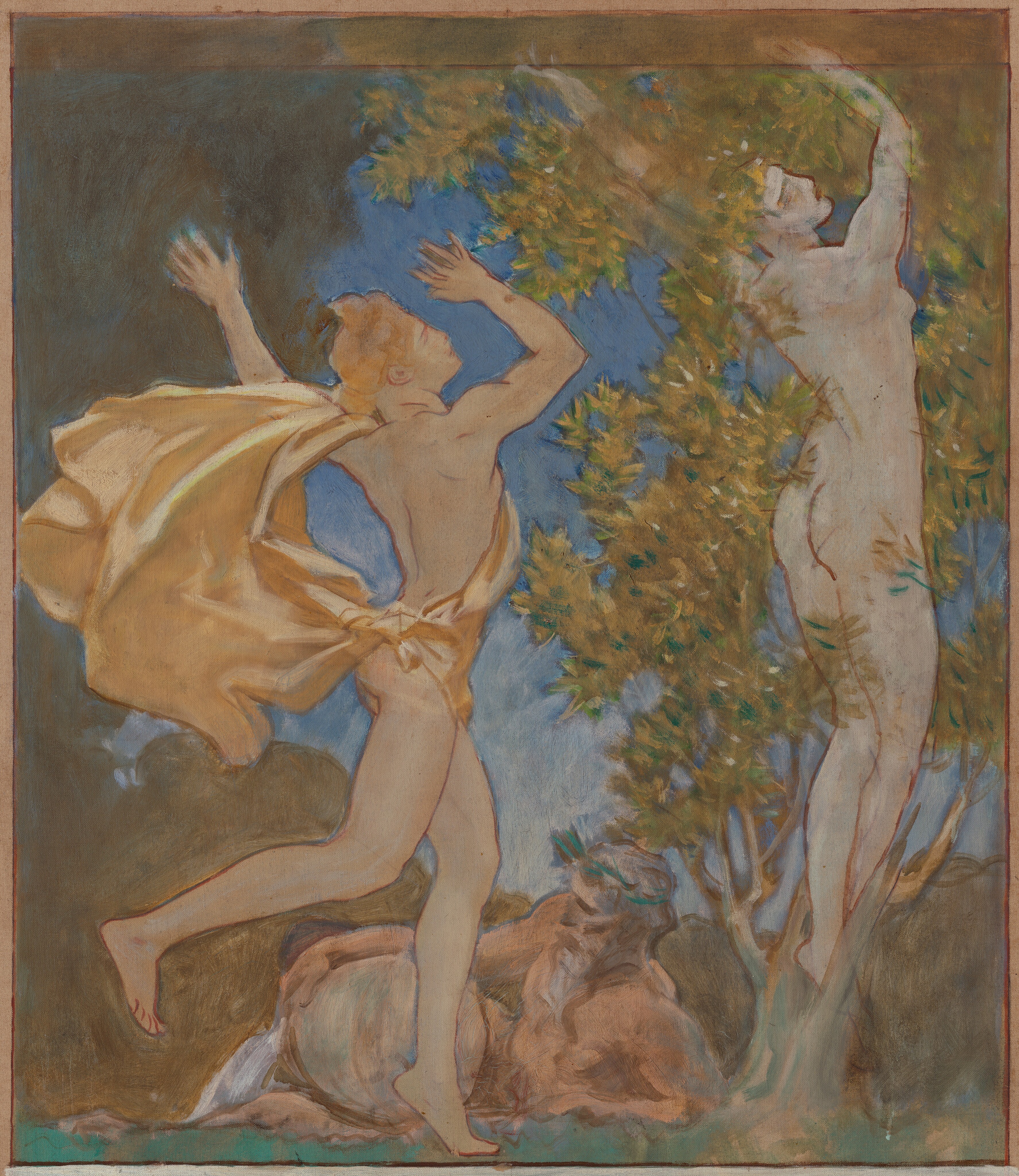 This is a painting showing two people in nature. The person on the left appears to be running towards the right, with one leg in the air and their arms outstretched. They have tan, golden-toned skin, blond hair, and golden fabric draped loosely around them, billowing backward as they run. On the right is a pale person standing upright in a tree, their arms outstretched. They appear intertwined with the tree, with their feet nestled in the light brown trunk and their head and hands covered in olive-green leaves. The background features indistinct brown shapes against a clear blue sky.