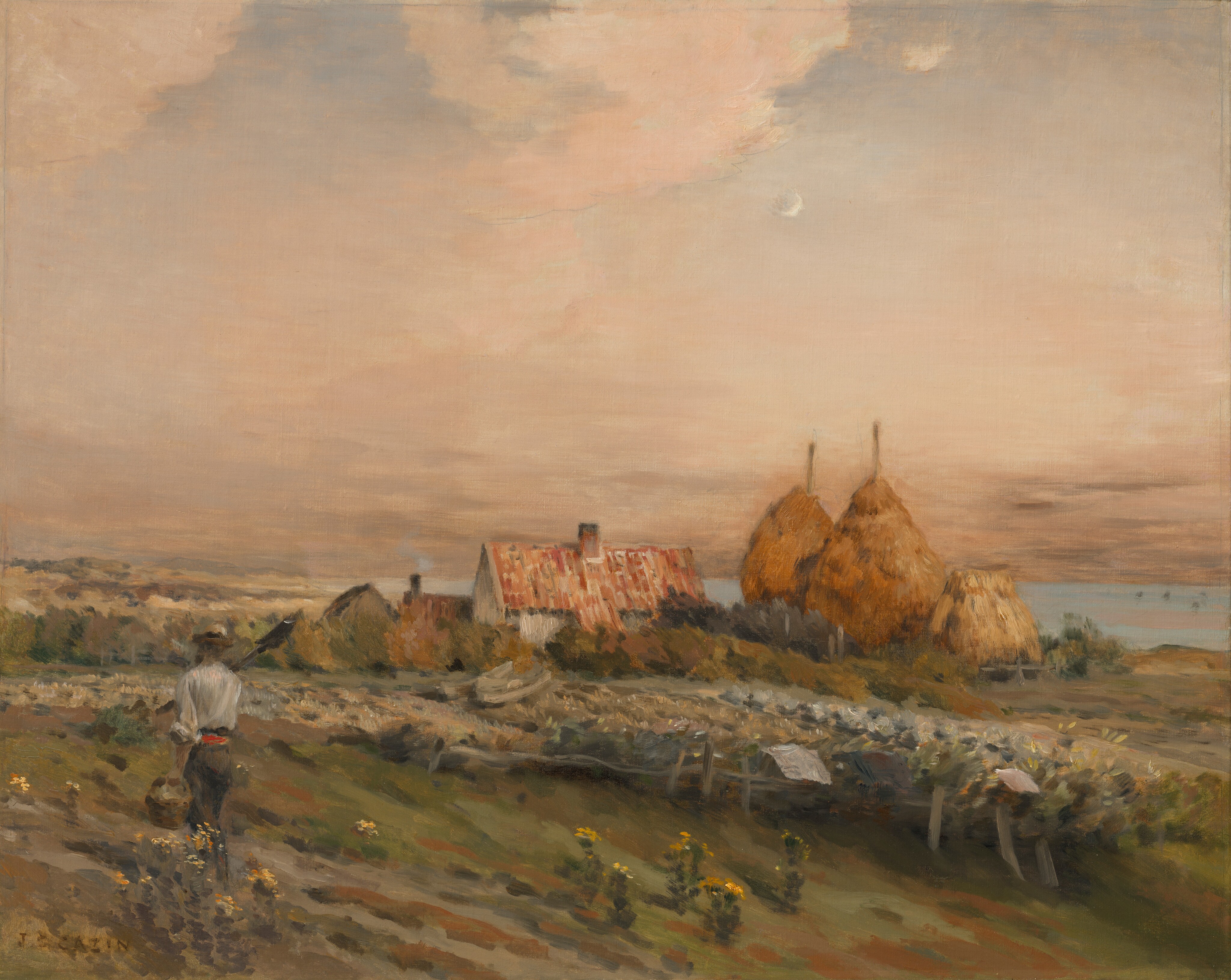 The painting shows a rural landscape with a field in the foreground. A figure is walking on a path towards a house with haystacks nearby. The sky transitions from pink and peach tones to soft blue. The painting conveys a sense of tranquility through its soft brushstrokes and warm color palette. In the distance, small specks can be seen on the horizon.