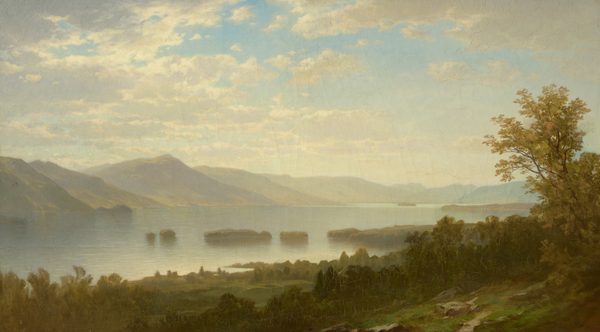This painting depicts a body of water surrounded by mountains and dotted with small, tree-filled islands. At the bottom of the painting is a green area with several tall trees and a small dirt path. Beyond this area, a hill slopes down to the water below. The water is painted in light blue and gray tones, and the hazy mountains beyond the water are painted in light greens and blues. The blue sky above the scene is full of puffy white clouds.
