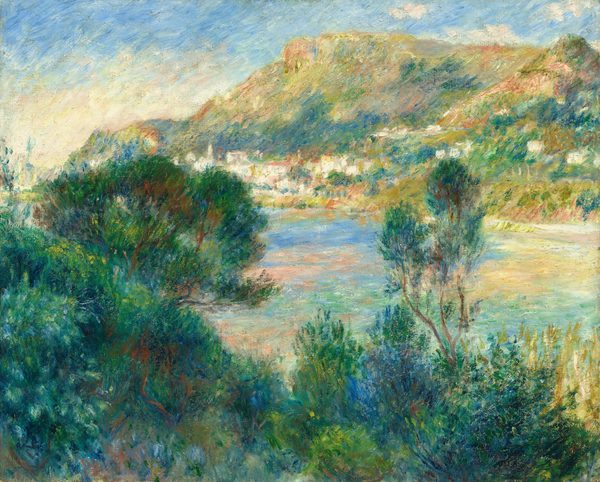 Lush treetops give way to a body of water and a hill in this loosely painted horizontal landscape. The trees across the bottom edge of the canvas are painted with visible or blended strokes in shades of spring, pine, and forest green, aquamarine, and midnight blue. The body of water is skimmed with pale peach, yellow, and blue before the hill rises to nearly touch the top edge of the painting. The vegetation on the hill is painted in shades of celery and olive green, navy and cobalt blue, and a few touches of rust red. Strokes of ivory white suggest houses clustered near the shoreline. The sky is painted with long strokes in pale pink along the horizon and deepens to powder blue across the top.