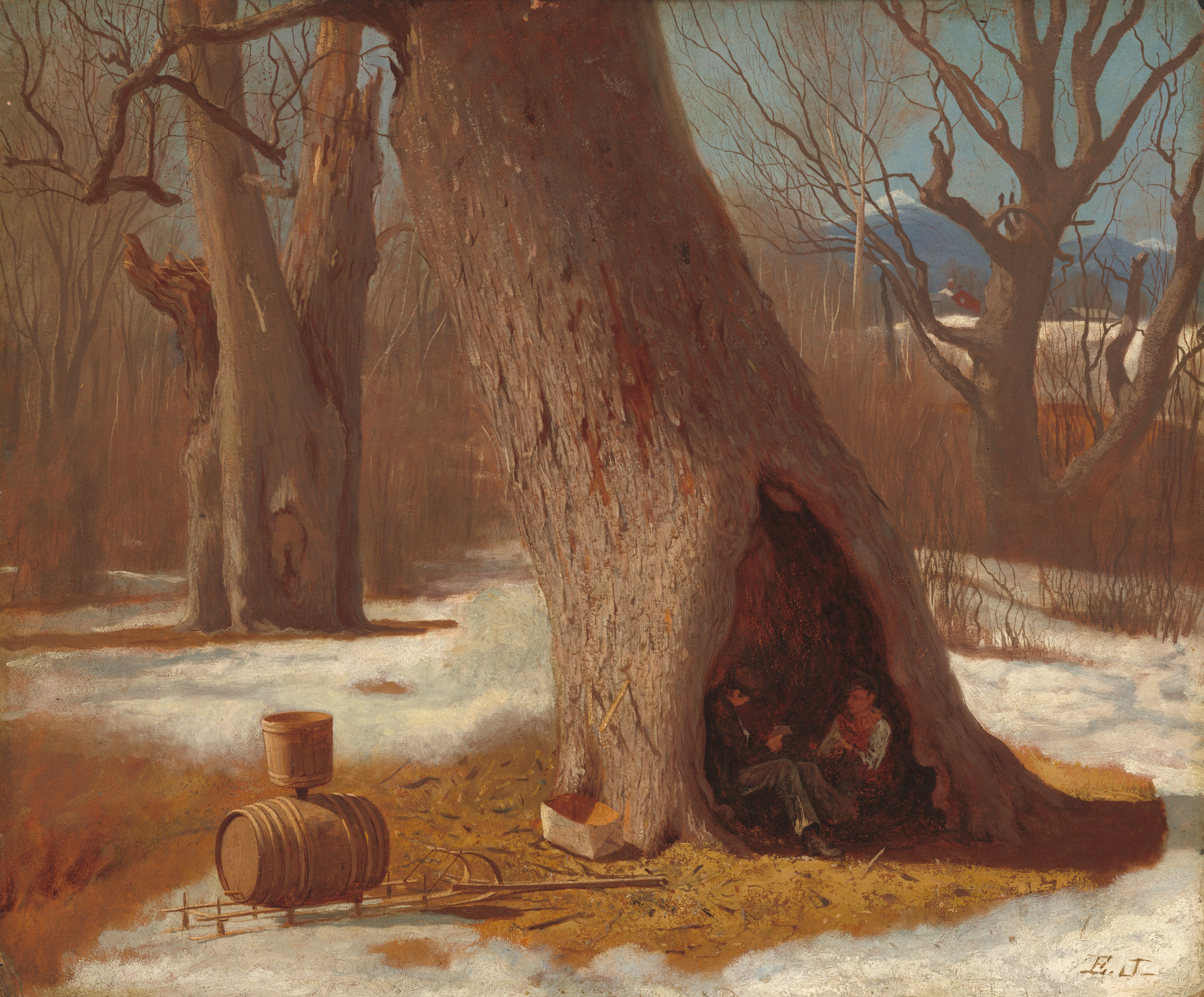 The painting shows an enormous tree with a hollowed base where two people, potentially young boys, are taking shelter. The boys sit together in the hollow base of the tree, one appearing to read a piece of paper. They both have light skin and wear hats and warm clothing. To the left, a small box sits at the base of the tree, and beyond that is a wooden barrel that appears to be attached to a sled. The ground surrounding the tree is covered with snow, with small brown patches peeking out. It is surrounded by more small brown trees, and in the background near the top right corner are distant blue mountains and small gray and red houses. The sky is pale blue behind the leafless branches.