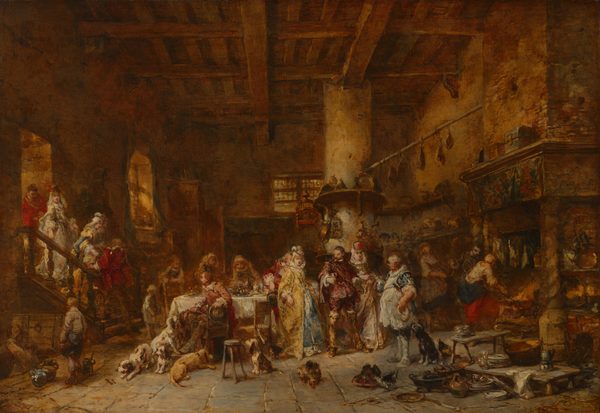 This is a painting of a busy domestic kitchen scene in the style of Jan Steen. The room has a high-beamed ceiling and stone floor, with a large dining table at the center where food is being served. Several figures are engaged in conversation and dining around the table. To the left, a group is descending a wooden staircase, and in the foreground, there are dogs and a cat. A large fireplace dominates the right side of the room, stacked with cooking utensils and pots. Various food items hang from the ceiling, and the room has a warm, golden-brown color palette, creating a welcoming ambiance.