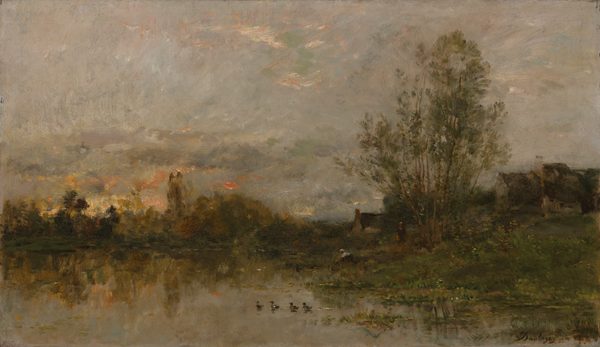 The painting depicts a landscape scene with a body of water, trees, reflections, and a house in the distance. The composition shows a low horizon line with trees arching across the scene and soft reflections on the water's surface. The brushstrokes are delicate and textured, creating an impressionistic style with a blend of hues. The color palette features earthy tones with soft greens and browns on the land, and faintly warm tints in the sky. Ducks swim in the water, and there are a few figures near the water's edge.