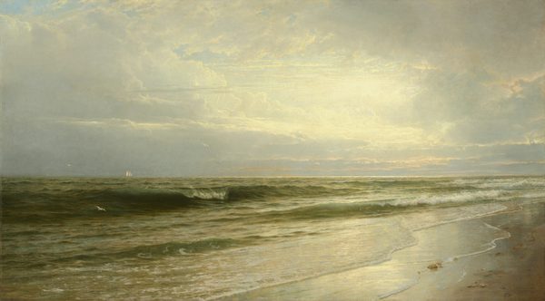 This painting features a shoreline with the dark green ocean on the left and a small ship sailing in the distance. The color palette is soft and muted, with shades of blue, green, yellow, and very light gray. The shoreline is a sandy beach with gentle waves coming in from the left side of the painting and wet sand on the right reflecting the sky above. The vast sky is pale blue-gray with some white clouds, and some small seabirds are visible flying above the water.