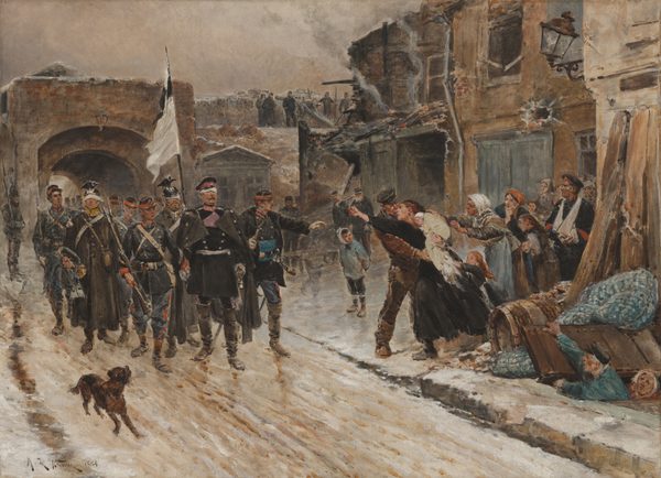 This is a painting of a military contingent marching through a snow-covered, war-torn street. The scene shows soldiers and a dog walking in formation, with some soldiers holding a white flag. Nearby, a group of distressed civilians is depicted, including one person reaching towards the soldiers. Damaged buildings are visible, indicating recent conflict or destruction. The overall mood is one of tension and despair, capturing the harsh realities of war. This painting is done in the style of Artur Grottger, known for his historical and dramatic depictions of conflict and its impact on society.
