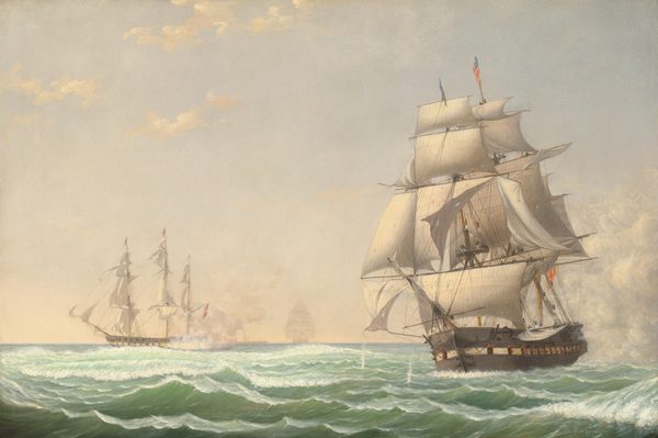 This painting shows a maritime landscape with an expansive view of the ocean and sky. The horizon is positioned in the lower third of the composition, meeting a clear sky with soft, diffused clouds. Two ships appear to be engaged in a conflict on the green, wave-filled water. One large sailing ship with fully extended sails is near the bottom right corner of the painting. It has two tall masts and multiple white sails, and it flies the flag of the U.S.A in several places. The body of this ship is gray with a wide white stripe, and cannons stick out of small holes across the ship. Small people climb on ropes up into the sails, which are covered in small white and gray dots, perhaps indicating holes. Another ship is visible in the distance on the left side of the painting, and its cannons appear to be firing, with bursts of yellow flame and smoke drifting across the water. This ship flies several flags in shades of red, blue, and white. In the background, the faint gray silhouettes of other ships can be seen across the water. The ocean is depicted with smooth brushstrokes in shades of green and white, and the wide sky is a gradient, with light blue at the top and pale yellow towards the horizon. Faint white clouds drift in the top left corner of the painting.