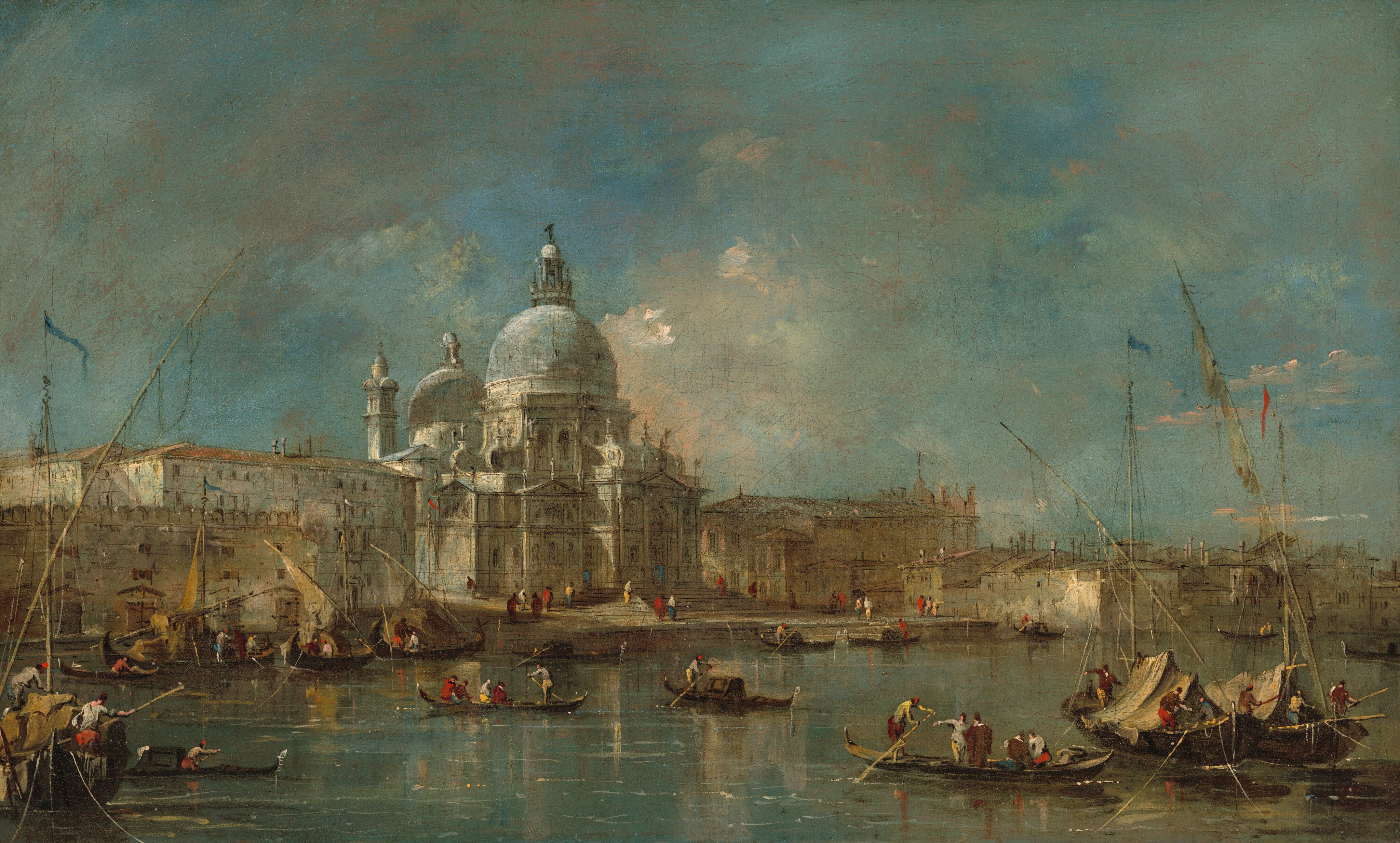 This painting shows a grand, domed cathedral by a busy waterway. The dome and the surrounding white buildings are silhouetted against a blue sky with thin white and gray clouds. Gondolas and small boats drift across the water closer to us, with people dressed brightly in shades of red, yellow, brown, and gray. The water below the boats reflects the blue of the sky and the white of the buildings.
