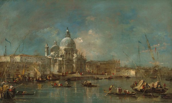 This painting shows a grand, domed cathedral by a busy waterway. The dome and the surrounding white buildings are silhouetted against a blue sky with thin white and gray clouds. Gondolas and small boats drift across the water closer to us, with people dressed brightly in shades of red, yellow, brown, and gray. The water below the boats reflects the blue of the sky and the white of the buildings.