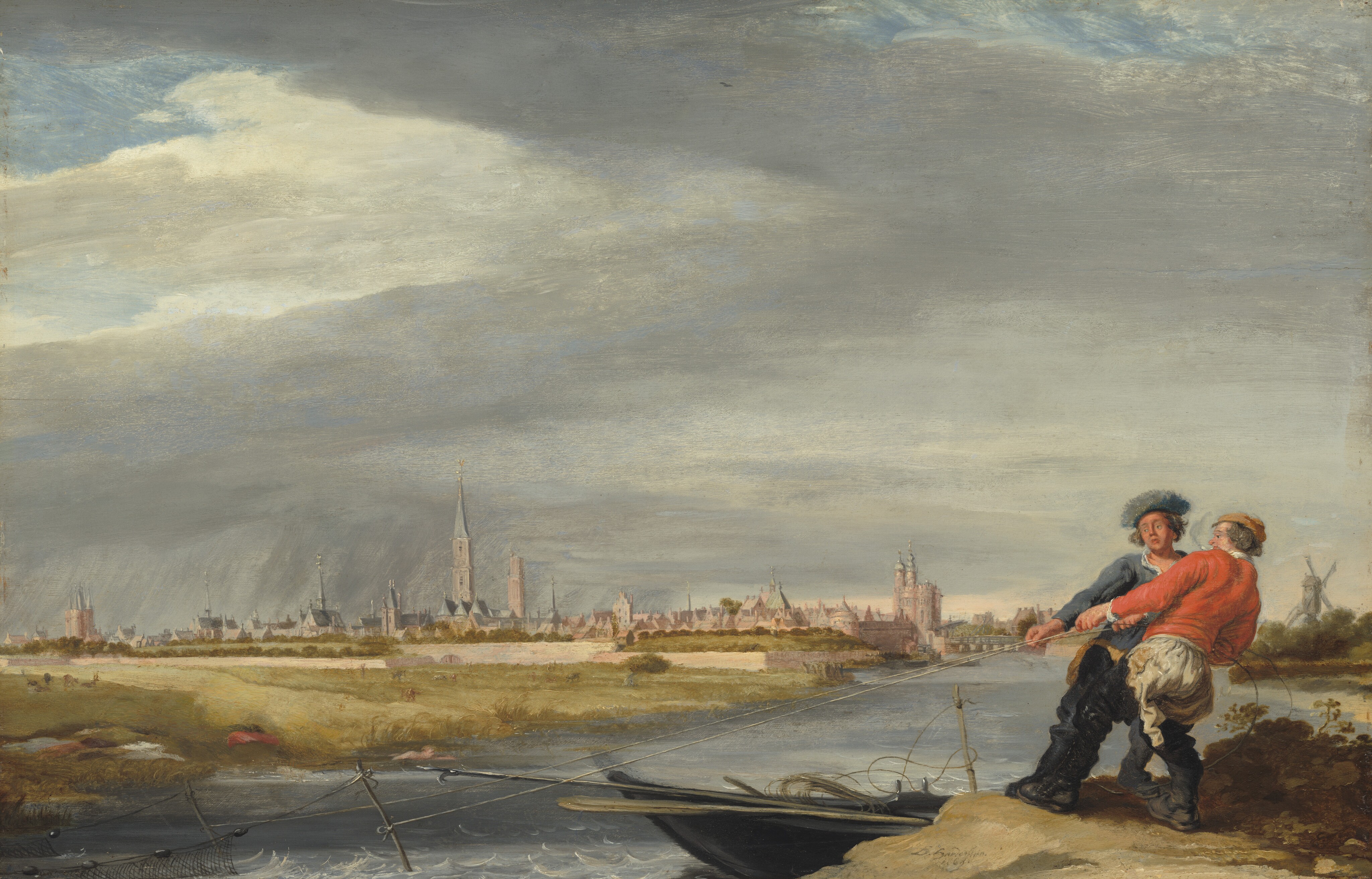 The image shows a riverside viewpoint with two men pulling on a rope attached to a boat. In the background, there is a city skyline with church steeples and windmills. The sky has clouds with soft brushstrokes, adding texture. The color palette includes muted earthy tones, soft blues, greens, browns, and subdued reds and blues in the men's clothing.