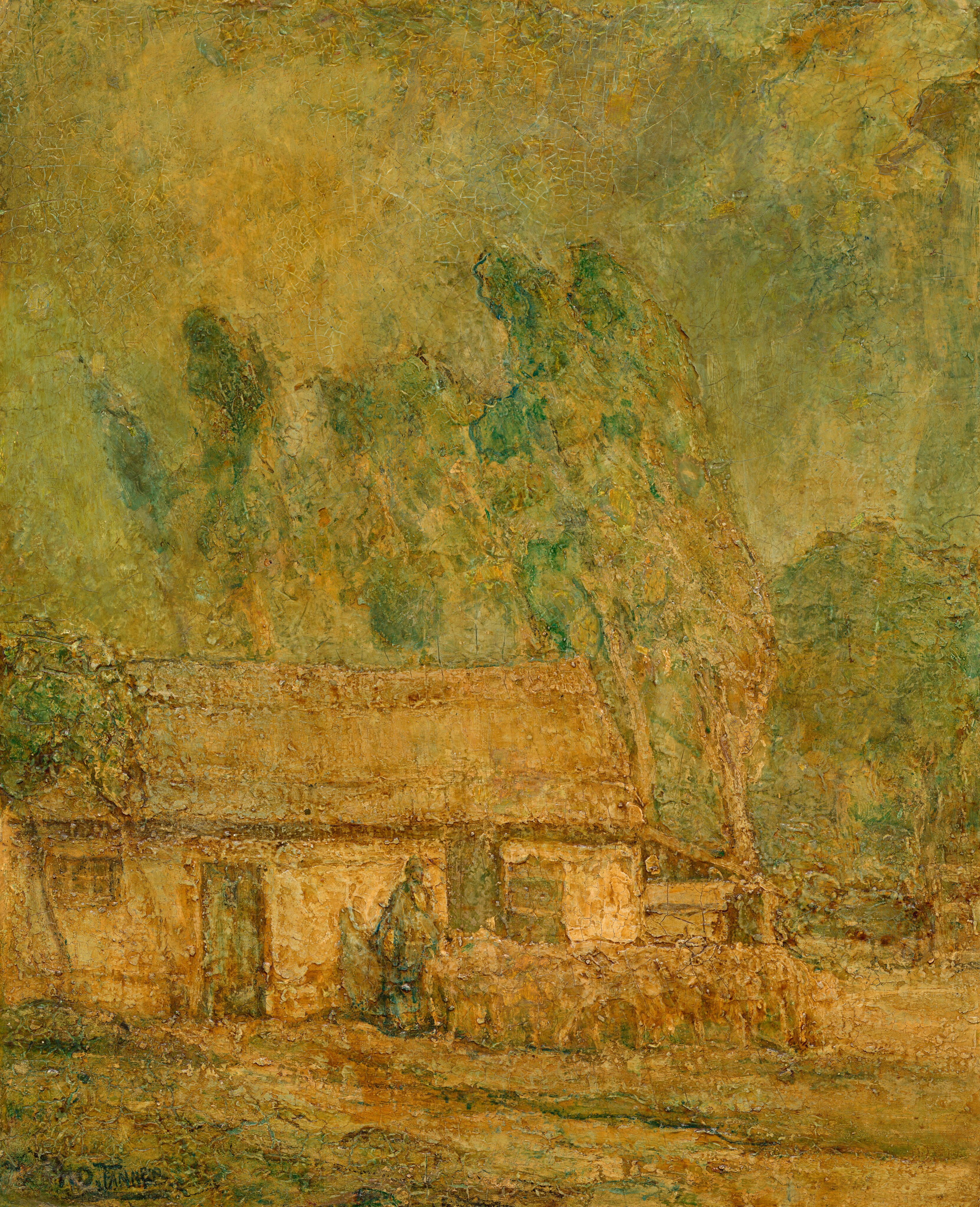 This painting depicts a small, simple cottage surrounded by trees. In front of the cottage appears to be a person next to a flock of animals, such as sheep or cattle. However, the details are indistinct, and there is little contrast between these figures and the background. Everything in the painting is colored in shades of yellow-ochre, light green, and reddish-brown tones. The brushstrokes are visible and textured.