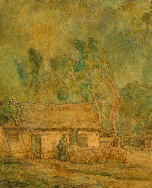 This painting depicts a small, simple cottage surrounded by trees. In front of the cottage appears to be a person next to a flock of animals, such as sheep or cattle. However, the details are indistinct, and there is little contrast between these figures and the background. Everything in the painting is colored in shades of yellow-ochre, light green, and reddish-brown tones. The brushstrokes are visible and textured.