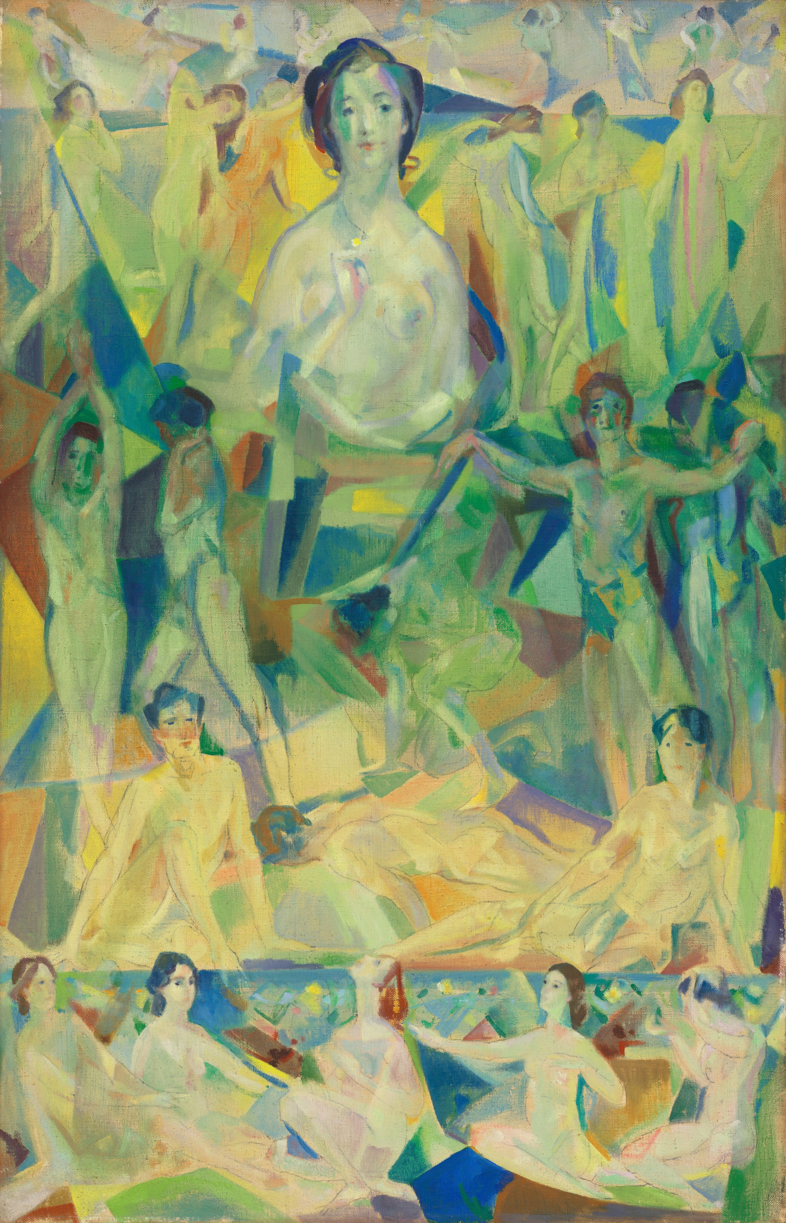 This painting displays many nude female figures in various poses. At the top of the image is the largest woman, with light skin and dark hair. She appears to have one arm slightly raised. Around her are rows of smaller women with their arms outstretched in various dancing poses. At the bottom is a row of seated women who look upwards. The women's bodies and the shadows they make create geometric shapes that are colored in bright shades of green, blue, yellow, and rusty red. The shapes and bright colors give the impression of looking at the women through shards of class or a kaleidoscope.
