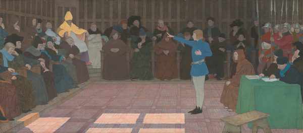 A young blond person stands in the center of a dimly lit room facing dozens of men in this horizontal painting. The people all have pale skin, though many are in shadow. The central person, Joan of Arc, stands in profile facing our left. She clutches one hand at her chest and the other extends in front of her, fingers arcing up. She has chin-length hair and bangs. Her brow is furrowed and her lips parted. She wears a lapis-blue, high-necked tunic over smoke-gray stockings and pointed black shoes. A metal band encircles her waist and a chain and manacle hang from one of two rings there. The chamber is lined with two rows of seats that extend along the short side to our left and the long wall across from us. A man wearing a white robe and a burnished gold mitre hat and cloak sits in the corner, both arms resting on a high throne. The other men wear clergy’s brown or black and white robes or long garments in slate blue, olive green, tawny brown, charcoal gray, and silvery white. Most wear hats. Four more men sit around a table covered in a grass-green cloth behind Joan, to our right. One man looks down at and writes on a sheet of paper. About half a dozen soldiers wearing silvery helmets and holding spear-topped halberds cluster in the back right corner, beyond the table. A wood stepstool sits closer to us, in front of the table, in the lower right corner. The walls of the chamber are paneled in a rectangular grid of light brown planks over darker wood, and the floor is tiled with small pink rectangles. The artist has signed in the lower right, “M. Boutet de Monvel.”