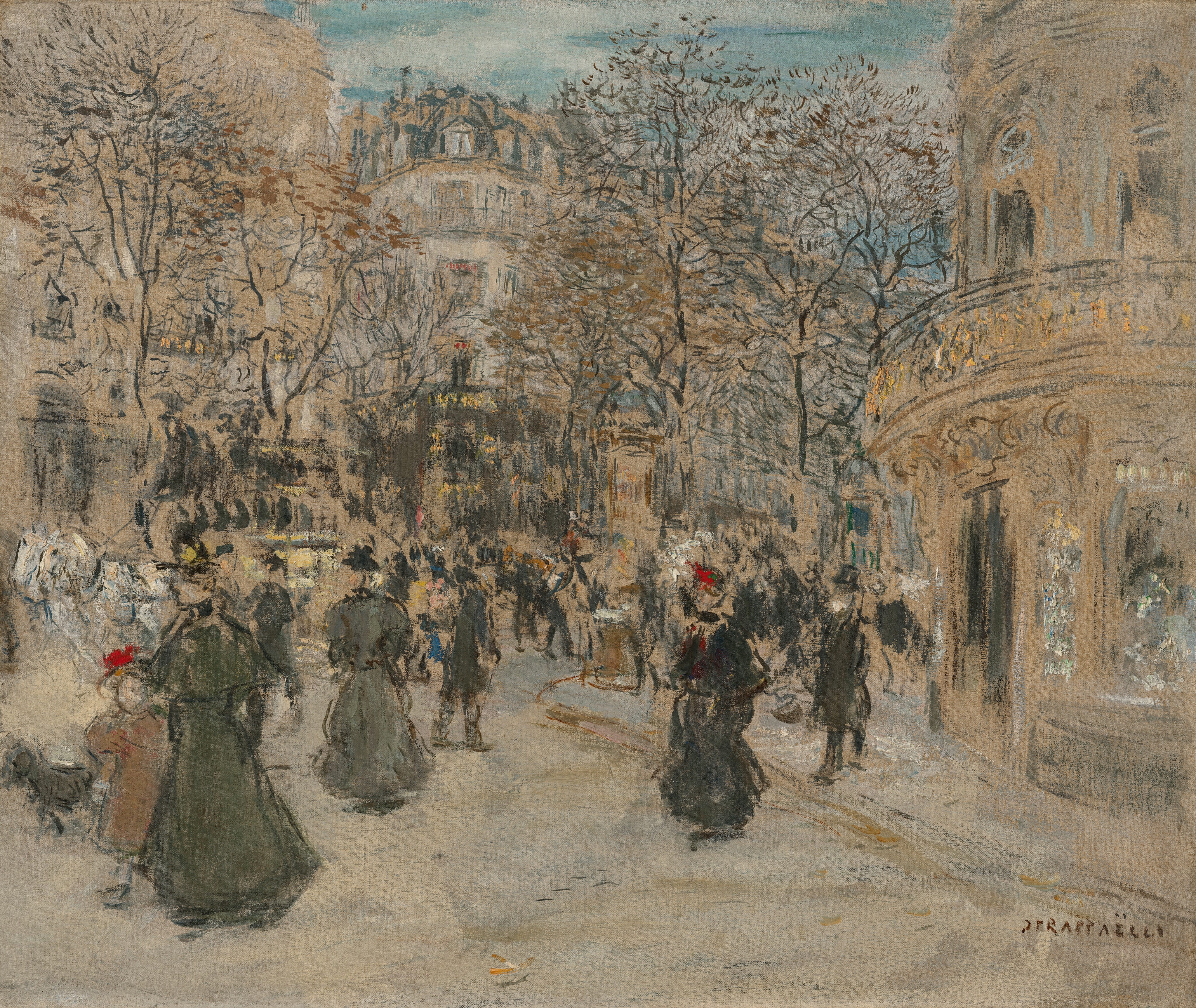 The image shows a busy street scene from a slightly elevated perspective. The area is filled with people, horses, buildings, and leafless trees, giving a sense of winter or late autumn. The brushstrokes convey movement, with lively figures and horses contrasted with softer strokes for the buildings and trees. The color palette is mostly muted earth tones with occasional bright accents, like red hats. A grand building with ornate architecture is on the right, with lit windows.