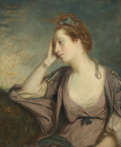This painting depicts a seated woman looking off to the left, resting her head on her right hand, our left, with her elbow on an abstract green surface. She has a fair complexion, a long nose, pale eyebrows, pale lips in a neutral expression, and reddish-brown hair styled up with a blue clip. She is wearing a pale mauve dress and shawl with a deep neckline, blue-green ribbon details, and puffed sleeves. A thin black belt is tied around her waist and there is a silver bracelet on her forearm. The background is painted in soft shades of blue and green, with a few highlights of pale yellow. An inscription in gold lettering in the top left corner identifies her as "Annetta D. of Edward Coke, wife of Lewis Cage of Milgate Kent."