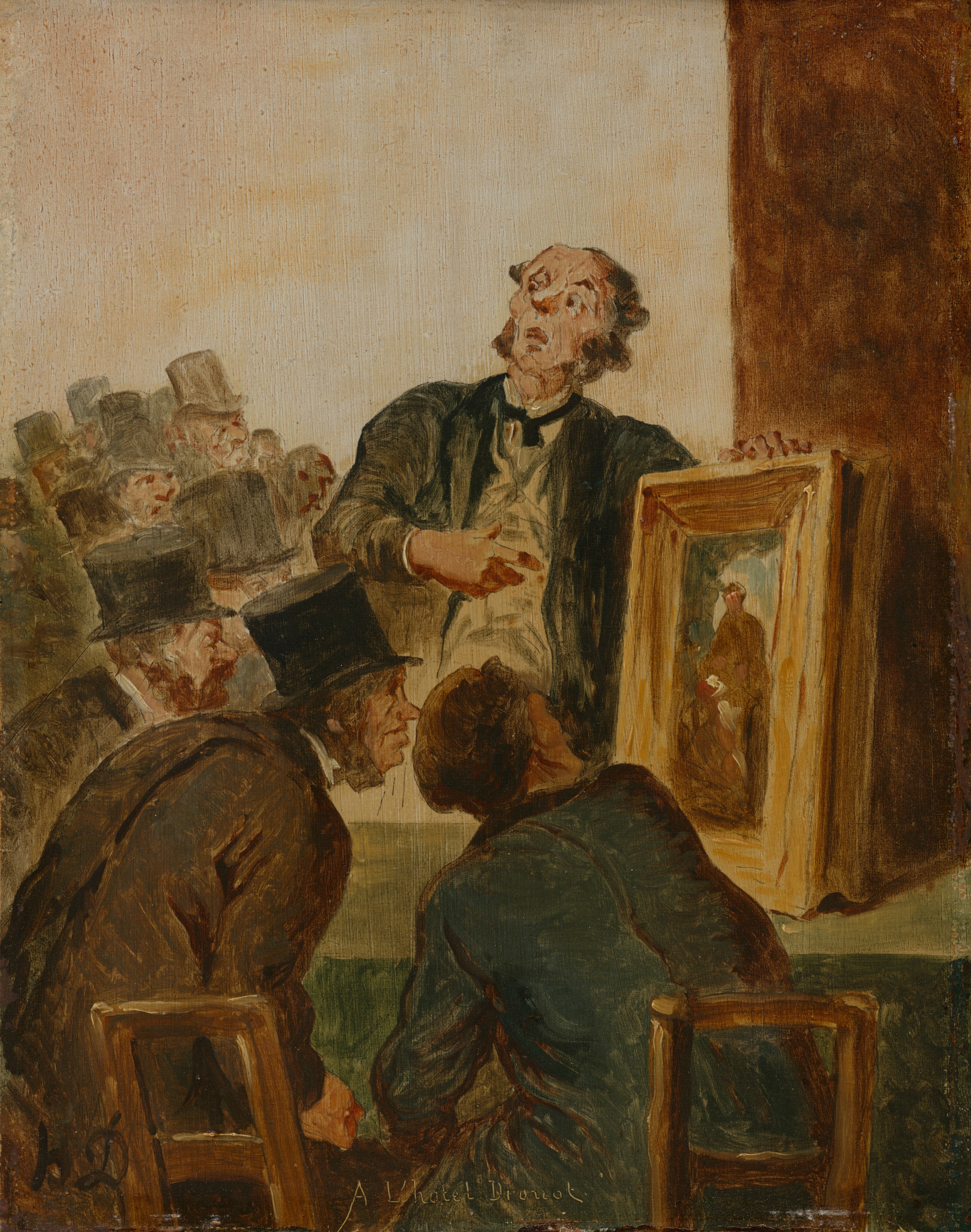 This is a painting of an auction scene featuring an auctioneer and an audience. The painting shows a group of people watching an auctioneer gesturing towards a framed artwork displayed on an easel. The individuals in the audience are wearing formal attire with top hats. The background consists of an indistinct crowd, emphasizing the interest and anticipation surrounding the auction event. The painting conveys expressions and body language that suggest various states of engagement with the scene. This is in the style of Honoré Daumier.
