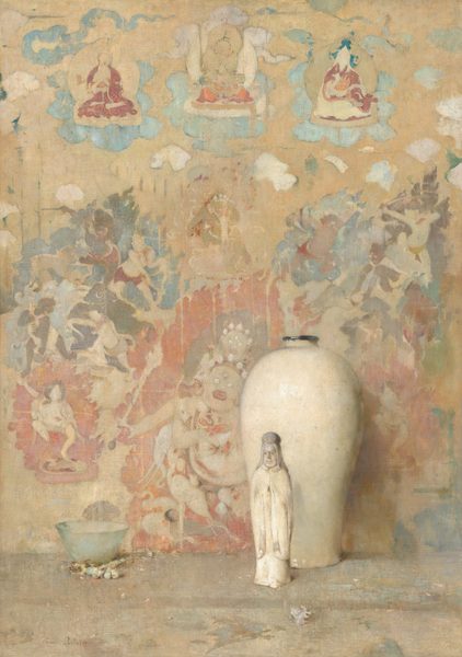 This painting shows a large, cream-colored vase and a small white statue of a robed figure placed on a gray surface. Behind these objects is a wall mural depicting religious and mythological figures amidst clouds in a faded array of blues, reds, and browns. Details of the mural are hard to discern, as the colors are light against the tan wall. The cream vase is positioned slightly to the right of center, while the statue stands directly in front of it, towards the bottom of the painting. To the left is a small glass bowl.