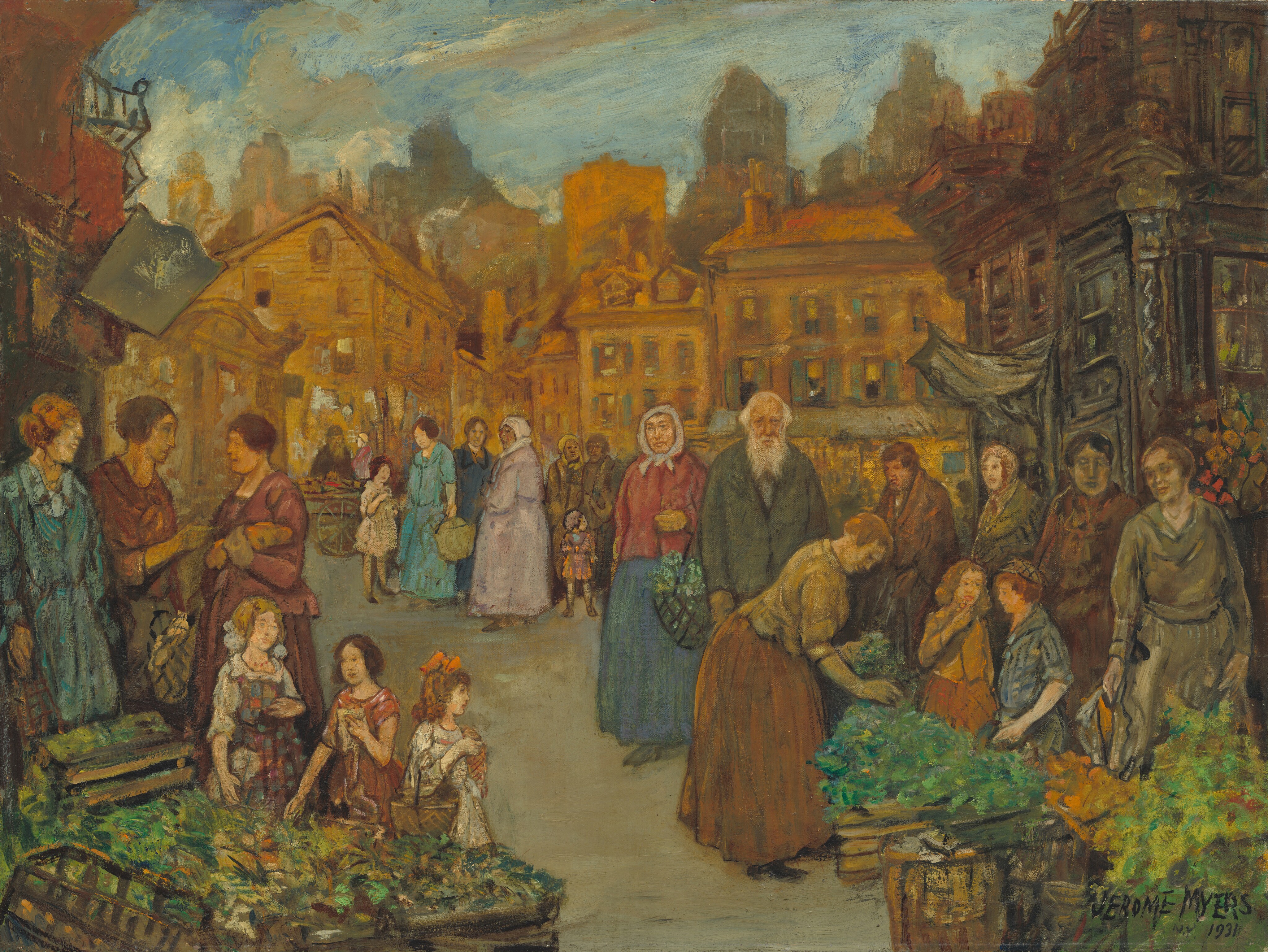 Almost two dozen men, women, and children stand in a street market in this horizontal painting. The people all appear to have pale skin, though a few of the women’s faces are tinged with green. The men are bearded and wear coats and the women long skirts or dresses in shades of rust brown, sage green, slate blue, and brick red. Baskets holding green goods along the foreground closest to us are loosely painted so details are indistinct. A screen of two- and three-story buildings on the far side of a town square are painted with golden yellow and honey orange. The outlines of skyscrapers beyond are hazy against a cloud-streaked, blue sky. The artist signed and dated the painting in the lower right corner, “JEROME MYERS 1931.”