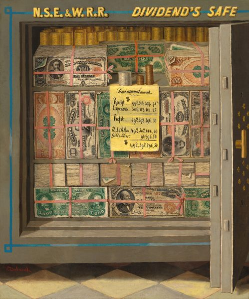 This painting displays an open safe filled with stacks of banknotes and coins. The safe is gray, while the money inside is in shades of green, red, and tan. The paper currency is in large bills, from $1,000 to $10,000, and the stacks are tied with pink ribbons. On the top shelf of the safe is a stack of large silver coins and smaller bronze coins. Hanging below the coins is a note on yellow paper titled "Semi-annual account" that lists the amounts of several categories: "Receipt", "Expenses", "Profit", "U.S.& B. Notes", and "Gold&Silver". The total amount is "492,392,296.50". The yellow lettering at the top of the safe reads "N.S.E. & W.R.R. DIVIDEND'S SAFE." The floor that the safe is on is a tan-and-gray checkered pattern.