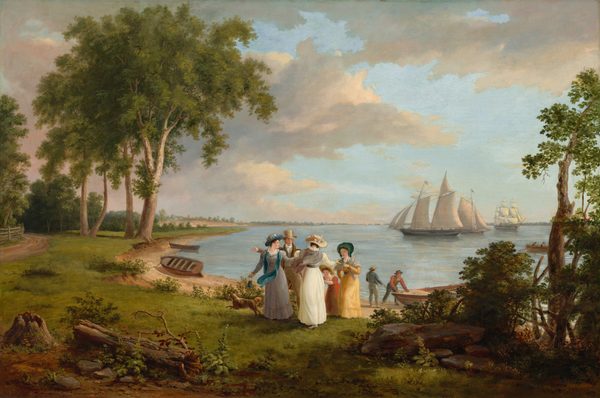 This painting shows a riverside scene with calm blue waters in the background on the right. Sailing ships dot the horizon. Closer to us is the riverbank, lined with greenery and tall trees, along with a dirt path on the left and rowboats laying on the sandy shore. In the center, a group of men, women, and children appear to dance together by the bank. They all have pale skin and wear clothes in shades of yellow, white, brown, and purple, with some pops of blue, green, and red. Their clothes include dresses, shawls, jackets, trousers, and hats. Behind them on the right, two more men stand near one of the rowboats. The sky above is blue, with large, puffy, gray-and-white clouds.
