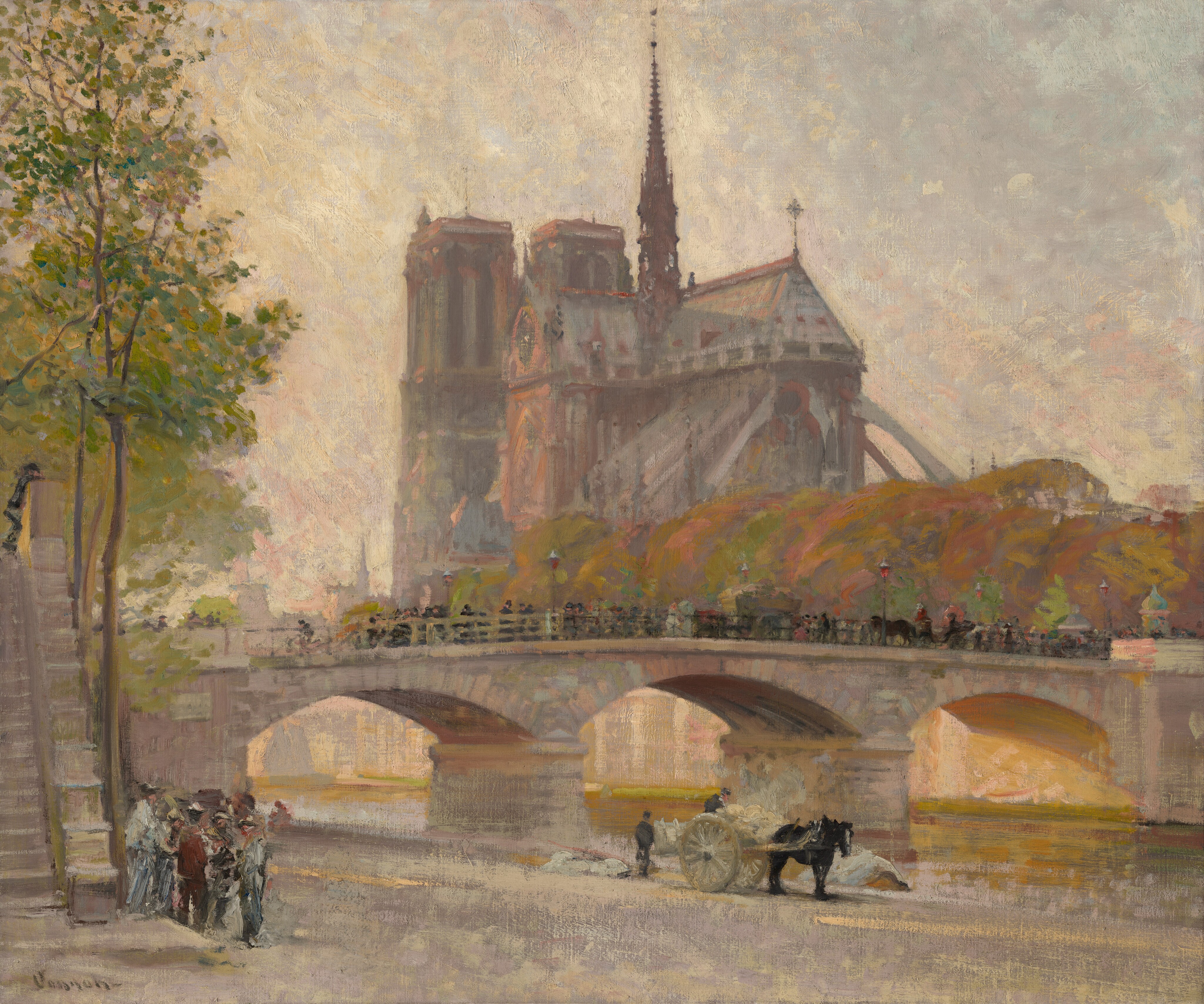 This painting depicts a riverbank over which a stone bridge stretches. In the distance, Notre-Dame cathedral is visible in the center of the painting. The cathedral's silhouette stands out against the soft gray and blue sky. It is painted in shades of gray, with some hints of seafoam green and rosy pink. Closest to us, on the bottom left, is a group of people standing by a staircase that leads up to the stone bridge. A cart and horse are nearby on the right, standing by the edge of the water. The bridge is filled with a crowd of figures, including people, horses, and carts. The people in the painting are suggested with small dots and dashes of paint and have little detail. Trees in shades of green, red, and yellow ochre line the street at the opposite side of the bridge. The brushstrokes in the painting are thick and fluid, giving the scene a hazy look.