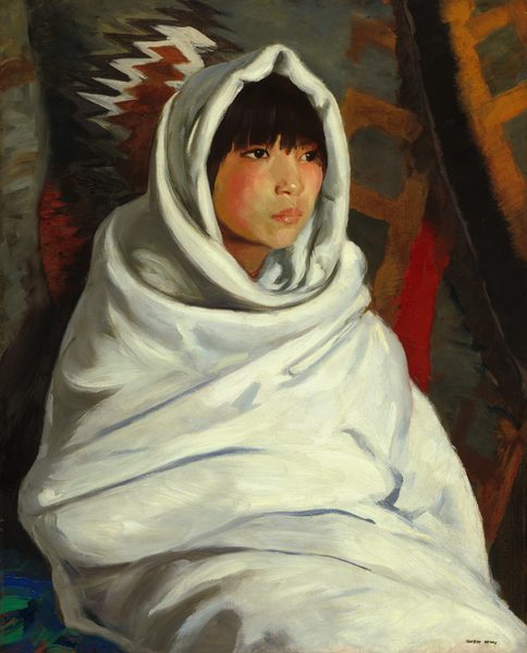 The painting displays the upper torso, head, and shoulders of a person wrapped in a light-colored fabric that covers their body and forms a hood around their head. The person appears to be seated, facing slightly towards the right. They have fair skin with rosy cheeks, full, pink lips, dark eyes, and straight black hair cut into bangs that cover their eyebrows. The background appears to be a gray fabric covered with geometric shapes in red, brown, orange, and white tones.