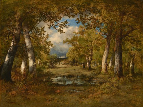 This painting shows a woodland scene with tall trees surrounding a small, still pond. The trees and grassy ground are painted in shades of olive-green, rusty orange, yellow ochre, and dark brown. The trunks of some of the trees are white or light gray, dappled with patches of sunlight. The small pond reflects the green leaves and the blue sky that is visible through a break in the trees at the center of the painting. The sky is covered with soft, white clouds. Upon closer inspection, a small shape that may be a person becomes visible near the center of the painting, next to a tall tree. The shape is indistinct, suggested with splashes of dark red, white, and blue paint.
