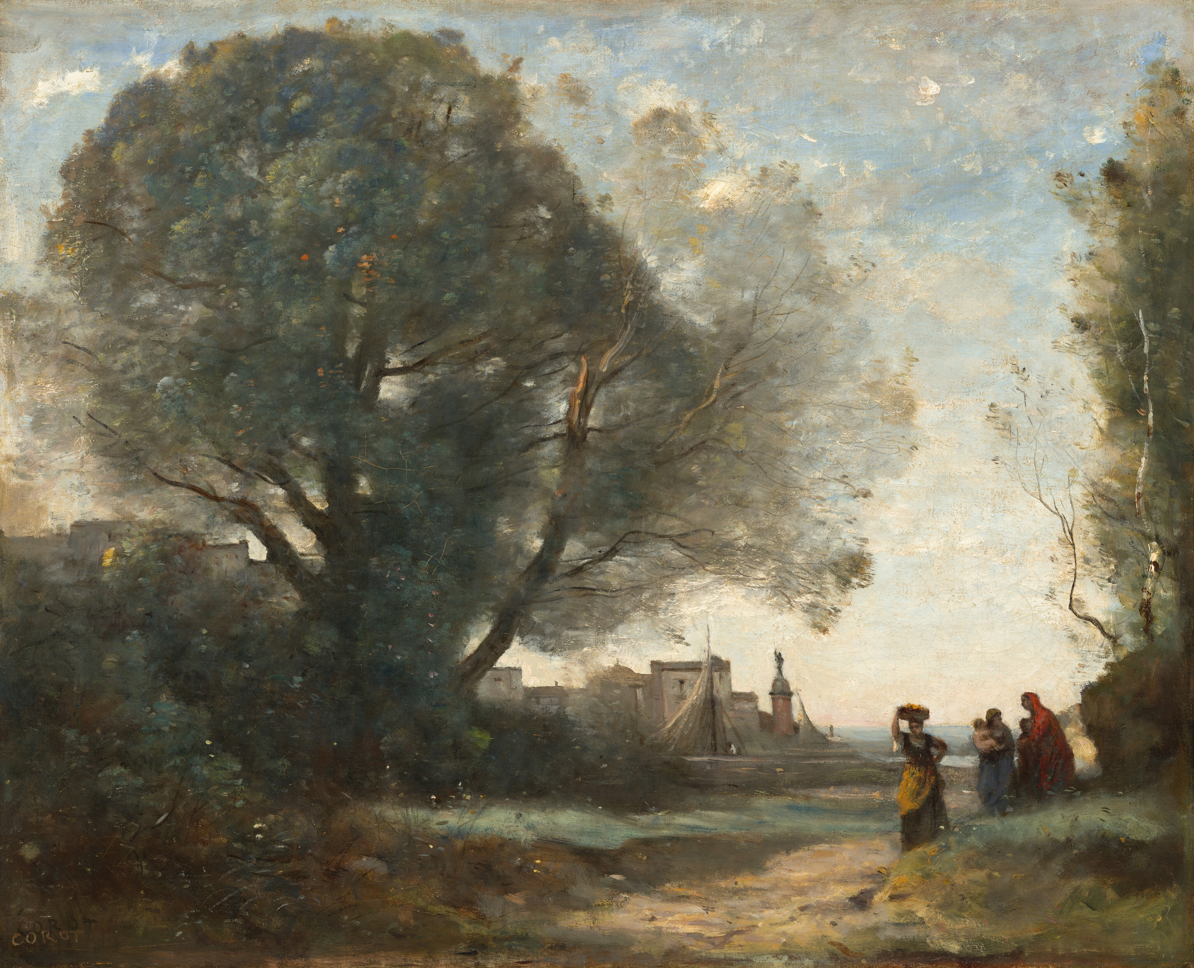 This painting displays an outdoor scene with a large tree to the left and a low horizon with a few buildings and what look like boats floating on blue water on the right. Closer to us on the right, several people are walking along a path towards us. One of them appears to be a woman in a brown dress with a yellow sash, carrying a basket on her head. The other two people appear to be adults with children, one adult wearing a blue dress and the other draped in a red cloak. The people have light brown skin. The sky above is light blue with fluffy white clouds The color palette includes greens, browns, and blues.