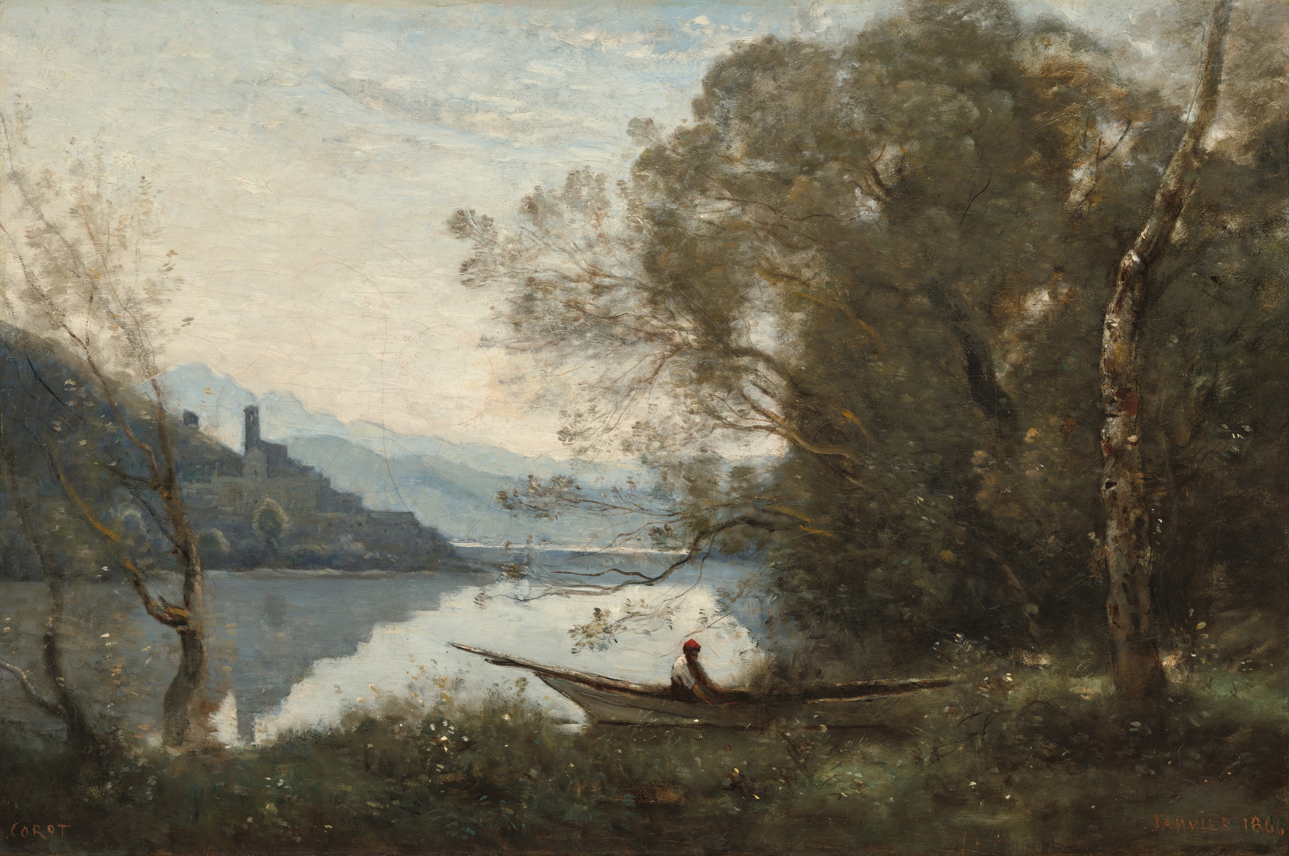 We look across a lush landscape of olive-green forests lining a glimmering, silvery-blue lake with hills in the deep distance under a pale blue sky in this horizontal landscape painting. The scene is painted with some visible and some blended brushstrokes to give it a hazy, soft appearance. A man wearing a red cap and a white shirt sits in a long, low, narrow boat with a pointed bow in the grasses along the shore, near the bottom center of the composition. Gnarled tree trunks, one to each side, frame the view beyond. Towering, leafy trees nearly fill the right half of the painting. To our left, the still surface of the lake leads back to a city painted almost in silhouette with flint blue, which is reflected in the surface of the water. Hills and mountains are painted in bands of lightening blue as they recede into the deep distance to our left. The horizon comes about a third of the way up the composition, and the pale sky above is veiled with soft white clouds. The painting is signed in orange letters in the lower left corner, “COROT,” and dated in the lower right, “JANVIER 1866.”