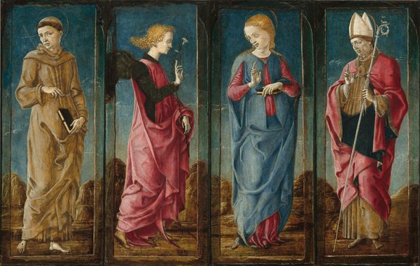 Four vertical panels each have a painted frame and is occupied by a single person in a shared landscape that stretches across all four panels in this horizontal painting. The people have pale skin and delicate gold lines indicating halos encircling their heads. The person on the far left has his brown hair cut into a ring around his head, and his cleanshaven face is deeply lined. His body is angled slightly to our right, but he turns his head back to the left look at us from the corners of his drooping, heavy-lidded brown eyes. His hooded brown robe is tied at the waist with a rope, and he is barefoot. He holds a black book in his left hand and braces a thin gold cross with his other. There are red wounds on the back of both hands, both feet, and over his right ribs. In the next panel, a person with curly blond hair wears a deep pink cloak over a forest-green robe. The person faces our right in profile, the curly hair lifted off the back of the neck. Dark green, almost black, wings extend from between the shoulder blades. One hand is held up with the first two fingers extended, and the other holds a stem with a white lily. Next, a blond woman stands facing us, wearing a long, topaz-blue robe over a raspberry-pink dress. Her head turns to our left and she looks down, one hand raised with first two fingers and thumb lifted and the other bracing the edge of a book against her body. On the far right, a person wears a white mitre, a tall, white hat split into two petal-like shapes, and a dark pink robe lined with hunter green over a golden-yellow garment. He holds a long staff topped with a curling top end in one hand, and the other hand is raised, also with the thumb and two fingers extended. They all stand on rocky ground with low, rocky hills in the distance under a blue sky. The frames around each person appear to have been painted as arches at some point over or in addition to the frames around each. Those frames continue the landscape but in darker tones, and they darken to almost black along the tops. It is hard to tell whether four wood panels were joined to make this one painting or if one panel was painted to look like several, though the latter seems more likely.