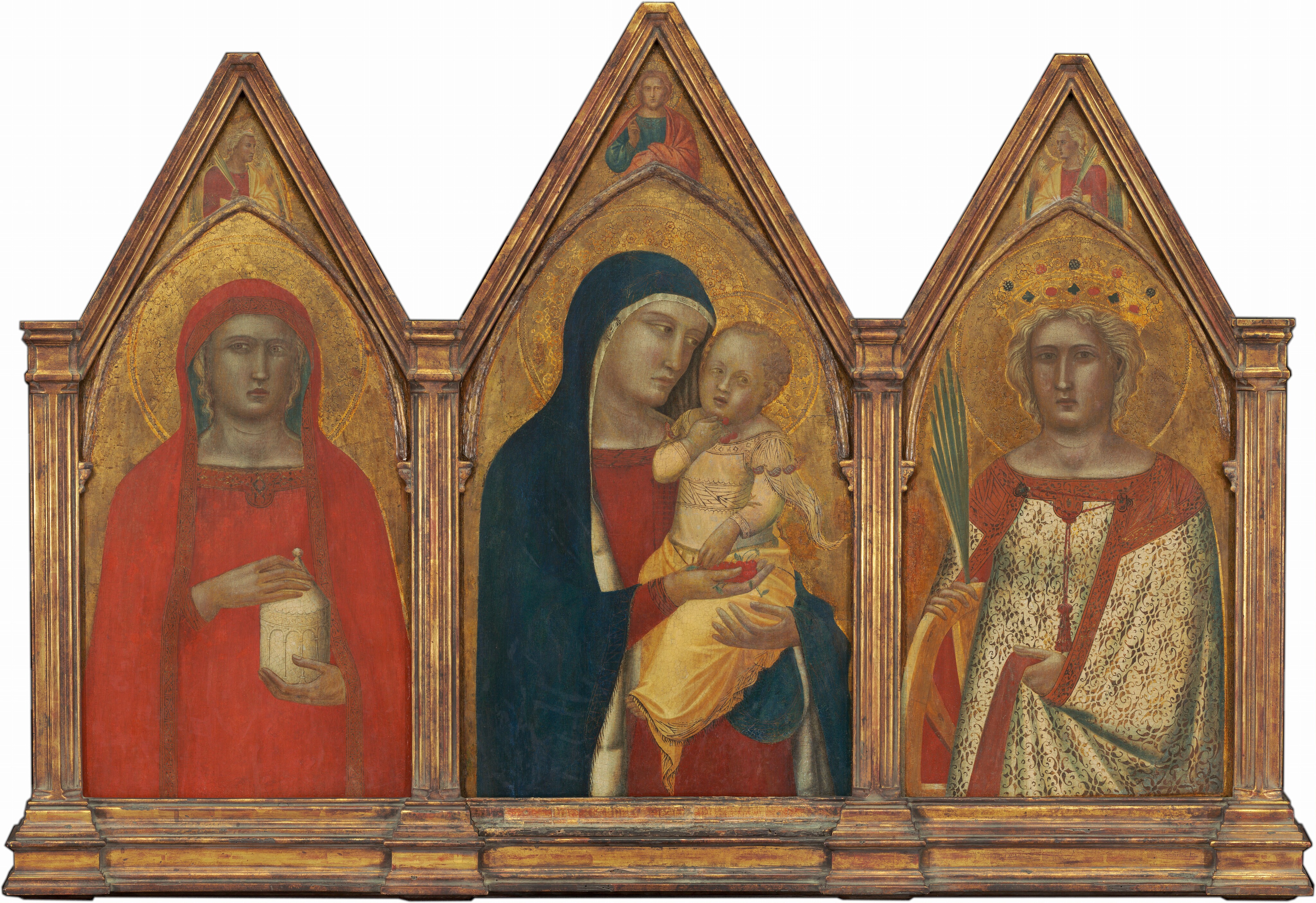 Three panels of an altarpiece are each filled by a woman shown from the hips up against a gold background. The central woman, Mary, also holds a baby. Narrow molding affixed to each panel comes to a rounded but pointed arch set under a sharp point at the top. The people all have pale skin tinged with green or gray, light brown eyes, and their heads are surrounded with disk-like halos. The women also have almond-shaped eyes, long, straight noses, and their bow-shaped lips are closed. In the center, Mary looks at the blond-haired baby she holds. Mary’s head and shoulders are covered by a sapphire-blue mantle over a crimson-red dress. She supports the baby’s bottom with one hand and holds a bunch of red cherries in her other by the child’s hip. The baby’s body is angled toward the woman, and he turns his head back to look over his left shoulder, off to our right. Blond hair curls tightly against his head. Pale pink flushes his cheeks, and his mouth is slightly open. He holds a bunch of three cherries close to his mouth with one hand and reaches toward the fruit the woman holds with the other. He wears a daffodil-yellow garment with a tight bodice, long sleeves, and fabric loosely draped over his legs to show the toes of one bare foot. A swath of fabric flutters from his left shoulder, to our right, like a pennant in a breeze. In the space between the pointed arch and the pointy top of the panel, a man with a honey-brown beard and hair surrounded by a gold halo holds up his right hand with the index and middle fingers raised. Shown from the waist up, he wears an ultramarine-blue tunic with a rose-pink robe, and he looks off to our right. In the panel to our left, the woman holds an ivory-white, cylindrical jar and wears a tomato-red mantle that covers her head and drapes down past her shoulders and over her matching dress. Locks of blond hair show under the mantle on the sides of her face. Bands of geometric designs made with black lines decorate the edges of her mantle and the neckline of her dress. The woman holds her left hand under the jar and her right hand holds onto its peaked lid. In the panel to our right, the woman wears a crown and braces a wooden wheel under one elbow. Her dress and cloak have gold leafy patterns against ivory white, and are edged with brick red. She wraps the cloak around her left elbow, to our right, and grips the fabric in that hand. She holds a palm frond with the hand draped on the wheel. An angel occupies the areas between the rounded arches and pointed tops of both flanking panels. Both angels have yellow wings and blond hair, wear red robes with yellow cloaks, and hold palm fronds. The bodies face us but both look in toward the center so we see the angels almost in profile. The surface of all three panels are cracked and chipped, especially in the gold areas. 