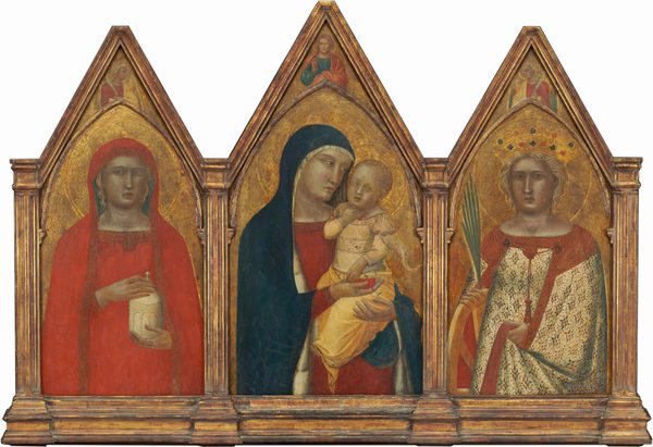 Three panels of an altarpiece are each filled by a woman shown from the hips up against a gold background. The central woman, Mary, also holds a baby. Narrow molding affixed to each panel comes to a rounded but pointed arch set under a sharp point at the top. The people all have pale skin tinged with green or gray, light brown eyes, and their heads are surrounded with disk-like halos. The women also have almond-shaped eyes, long, straight noses, and their bow-shaped lips are closed. In the center, Mary looks at the blond-haired baby she holds. Mary’s head and shoulders are covered by a sapphire-blue mantle over a crimson-red dress. She supports the baby’s bottom with one hand and holds a bunch of red cherries in her other by the child’s hip. The baby’s body is angled toward the woman, and he turns his head back to look over his left shoulder, off to our right. Blond hair curls tightly against his head. Pale pink flushes his cheeks, and his mouth is slightly open. He holds a bunch of three cherries close to his mouth with one hand and reaches toward the fruit the woman holds with the other. He wears a daffodil-yellow garment with a tight bodice, long sleeves, and fabric loosely draped over his legs to show the toes of one bare foot. A swath of fabric flutters from his left shoulder, to our right, like a pennant in a breeze. In the space between the pointed arch and the pointy top of the panel, a man with a honey-brown beard and hair surrounded by a gold halo holds up his right hand with the index and middle fingers raised. Shown from the waist up, he wears an ultramarine-blue tunic with a rose-pink robe, and he looks off to our right. In the panel to our left, the woman holds an ivory-white, cylindrical jar and wears a tomato-red mantle that covers her head and drapes down past her shoulders and over her matching dress. Locks of blond hair show under the mantle on the sides of her face. Bands of geometric designs made with black lines decorate the edges of her mantle and the neckline of her dress. The woman holds her left hand under the jar and her right hand holds onto its peaked lid. In the panel to our right, the woman wears a crown and braces a wooden wheel under one elbow. Her dress and cloak have gold leafy patterns against ivory white, and are edged with brick red. She wraps the cloak around her left elbow, to our right, and grips the fabric in that hand. She holds a palm frond with the hand draped on the wheel. An angel occupies the areas between the rounded arches and pointed tops of both flanking panels. Both angels have yellow wings and blond hair, wear red robes with yellow cloaks, and hold palm fronds. The bodies face us but both look in toward the center so we see the angels almost in profile. The surface of all three panels are cracked and chipped, especially in the gold areas. 