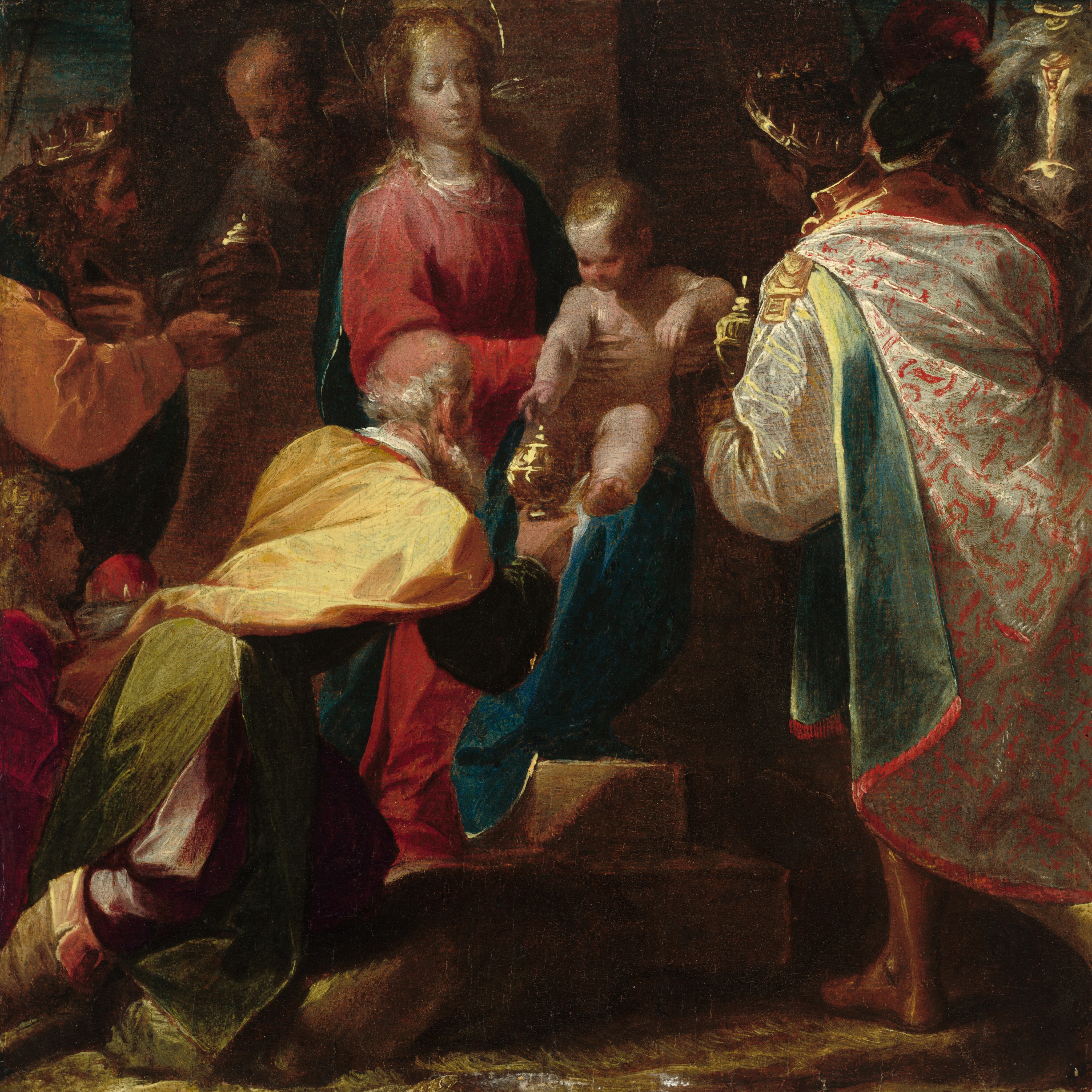 Five people gathered around a woman holding a nude baby boy fill this square painting. The woman is at the center of the composition with her head almost touching the top edge. She has pale skin, blond hair, and a gold halo painted as a single line. She looks down at the child she supports on her left knee, to our right. She wears a marine-blue robe over a raspberry-red dress. The child also has pale skin and blond hair. His cheeks are flushed, and he reaches forward with one chubby arm. The balding, light-skinned man kneeling in front of him and to our left holds out a gold, orb-shaped vessel. That man is bearded with white hair, and he wears a canary-yellow cloak over a leaf-green robe and pale brown, calf-high boots. A smaller person, also kneeling, holds a crown just behind the older man. That person and the two men who stand on the far side have pale, peachy skin. One of the standing men wears honey orange and forest green and a gold crown over his long brown hair. He holds up another vessel, this one bronze brown with gold fittings, out to another bearded, balding man standing behind the woman. To the right, a man with brown skin also wears a crown, holds a gold vessel, and has a cloak patterned with crimson red over pearl white. The underside of the cloak is laurel green, and this man appears to be barefoot. He stands facing away from us so only his cheek and one ear are visible as he faces the baby. A gray horse with a gold halter is behind the Black man in the upper right corner.